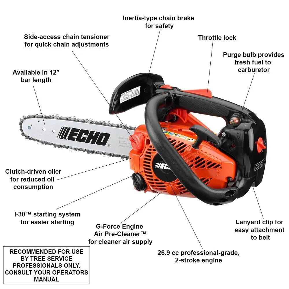 12-inch (30.5 cm) petrol two-stroke chainsaw with 26.9 cm3 displacement and top handle