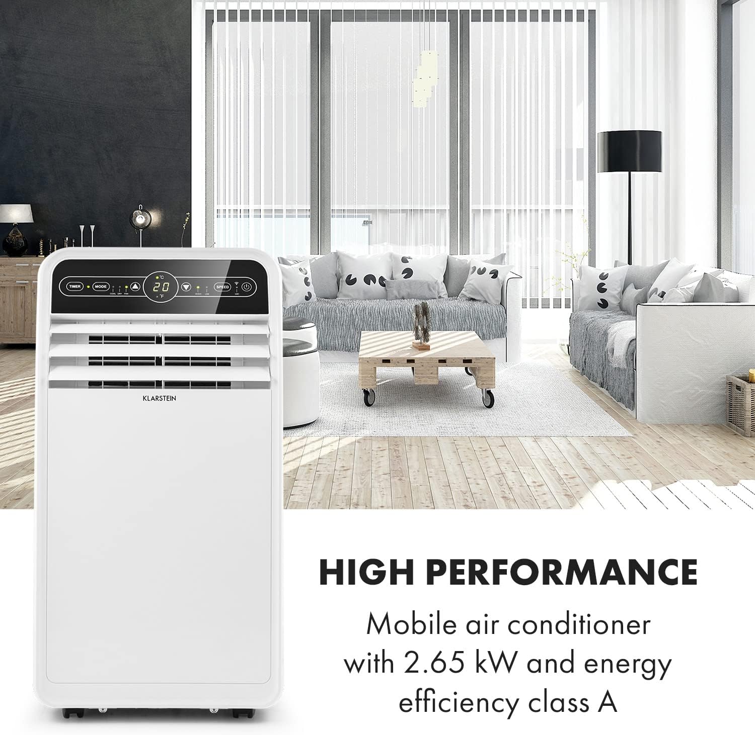 Klarstein Mobile Klimaanlage mit Abluftschlauch, 4-in-1 Klimagerät mit Ventilator, Luftentfeuchter & Nachtmodus, Kleine & Portable Klimaanlage für Wohnung & Büro, App-Steuerung, 12000 BTU