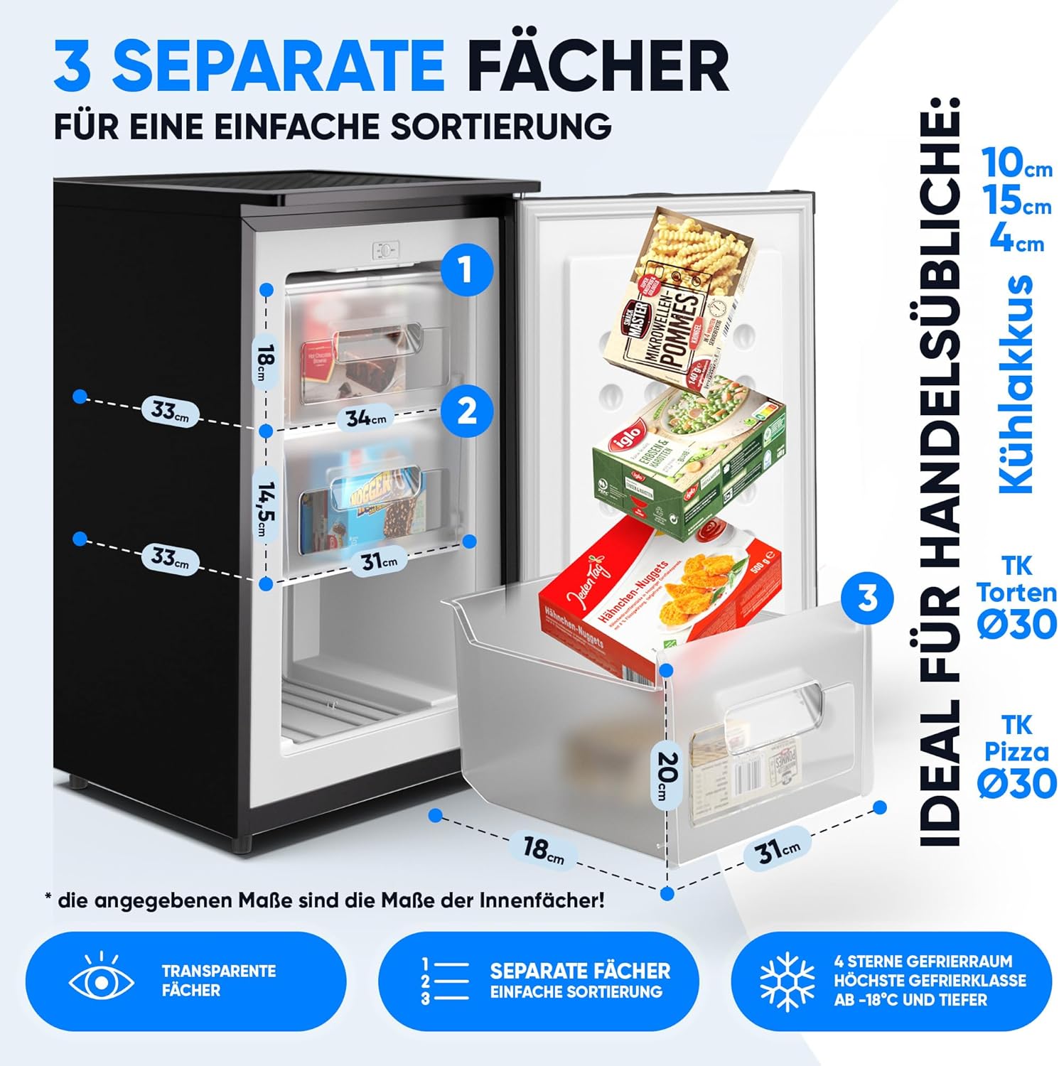 Stillstern Gefrierschrank C (73L) 4-Sterne-Gefrierfach -18°C ger. Energiever. Mini Freezer mit 3 Fächer, stufenlos reg. Temp., kleine Tiefkühltruhe, Türanschlag r./l. Tiefkühlschrank Klein Schwarz