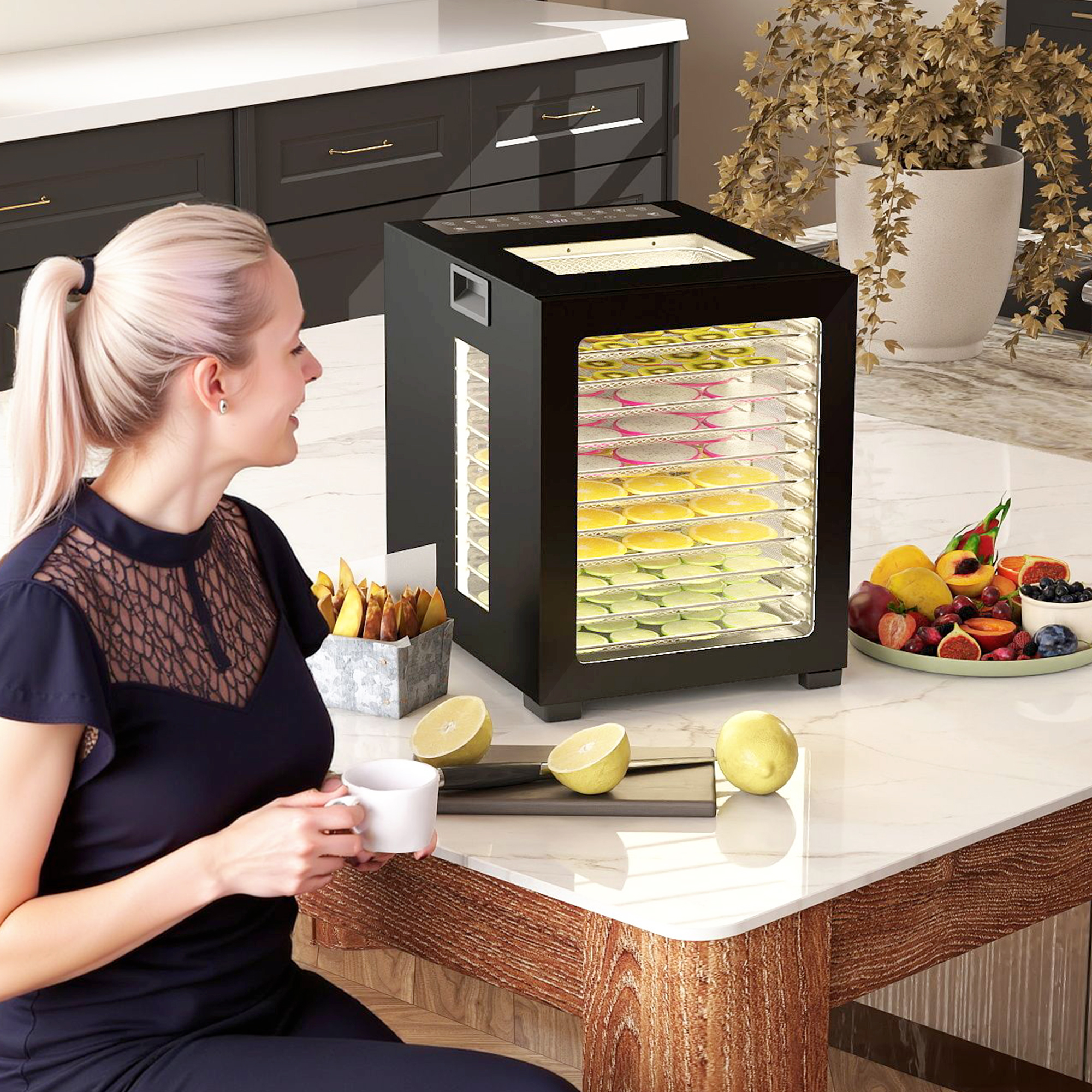 HOMCOM Dörrautomat Dörrgerät, 850 W, 40-70°C Temperaturregler, 48 Std. Timer, 12 Einlegefächer Edelstahl Schwarz