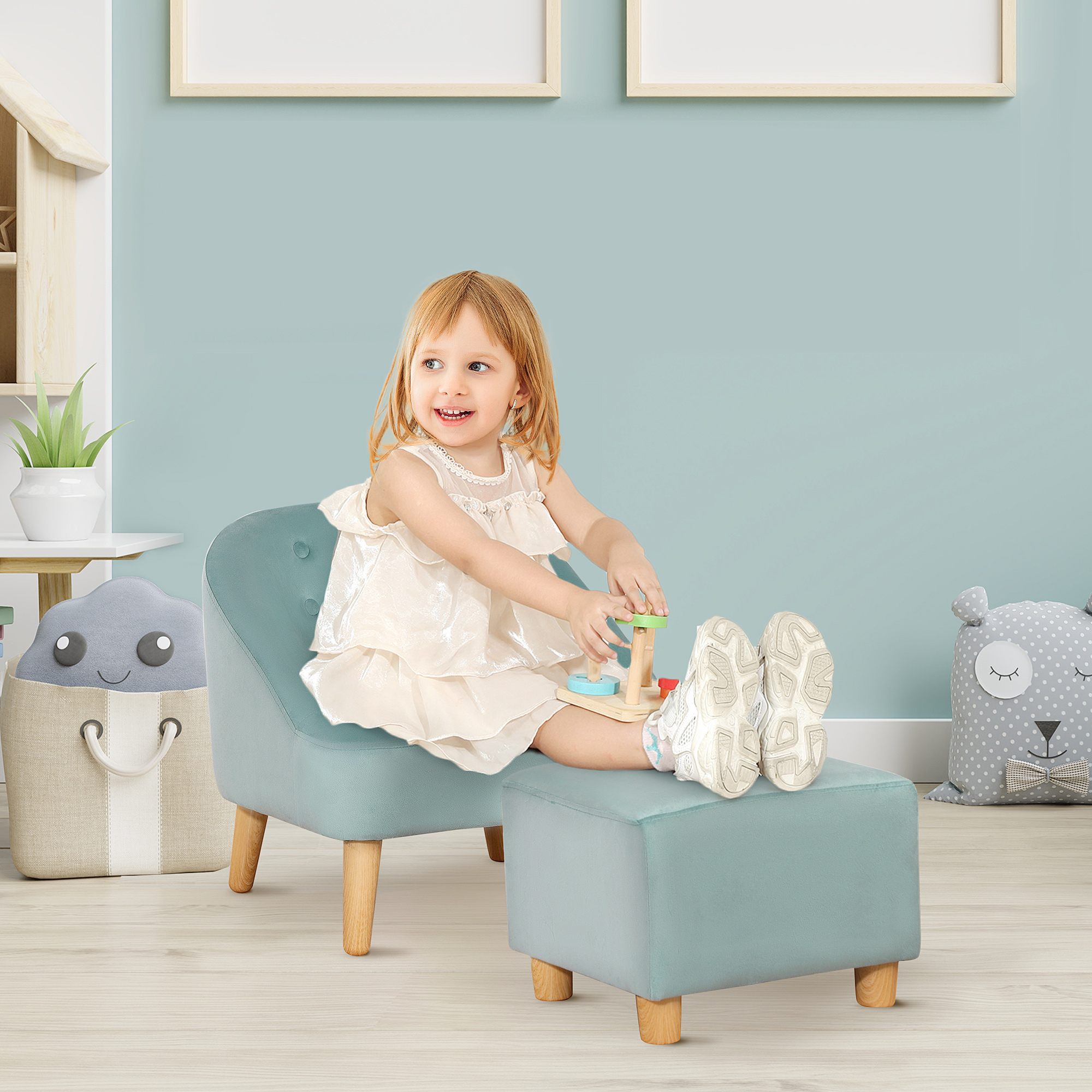 HOMCOM Kindersessel mit Ottomane für Kinder von 3 bis 5 Jahren Niedliches Design Samtoptik 51 cm x 51 cm x 50 cm Grün