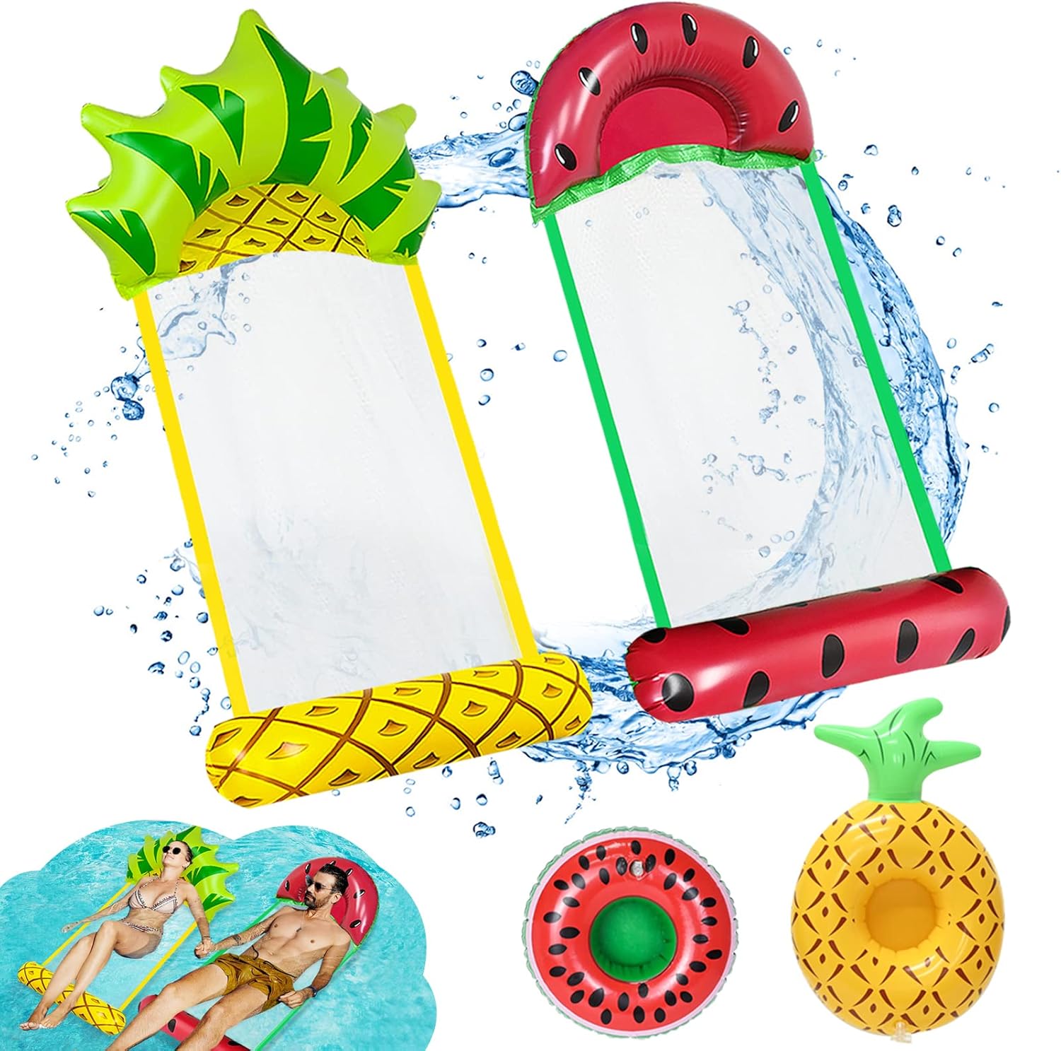 colmanda 2 Pezzi Amaca Gonfiabile, Amaca Galleggiante a Forma di Anguria e Ananas, Letti Galleggianti Portatili per Piscina, Materassino Gonfiabile Mare con Portabicchieri per Piscina, Spiaggia