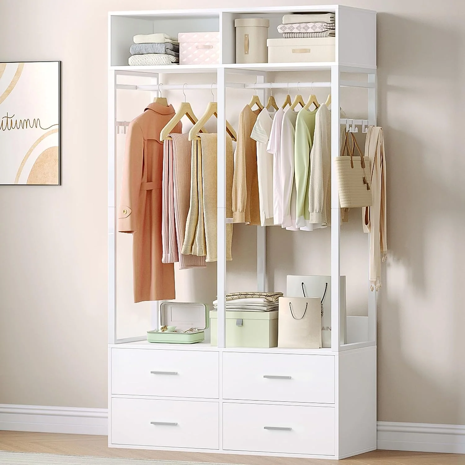 Hzuaneri Kleiderschrank 100 cm, Weiß BW06603W, 100 x 43 x 185 cm, Mit 4 Holzschubladen, Geeignet für Schlafzimmer und Ankleidezimmer, Eisenholz