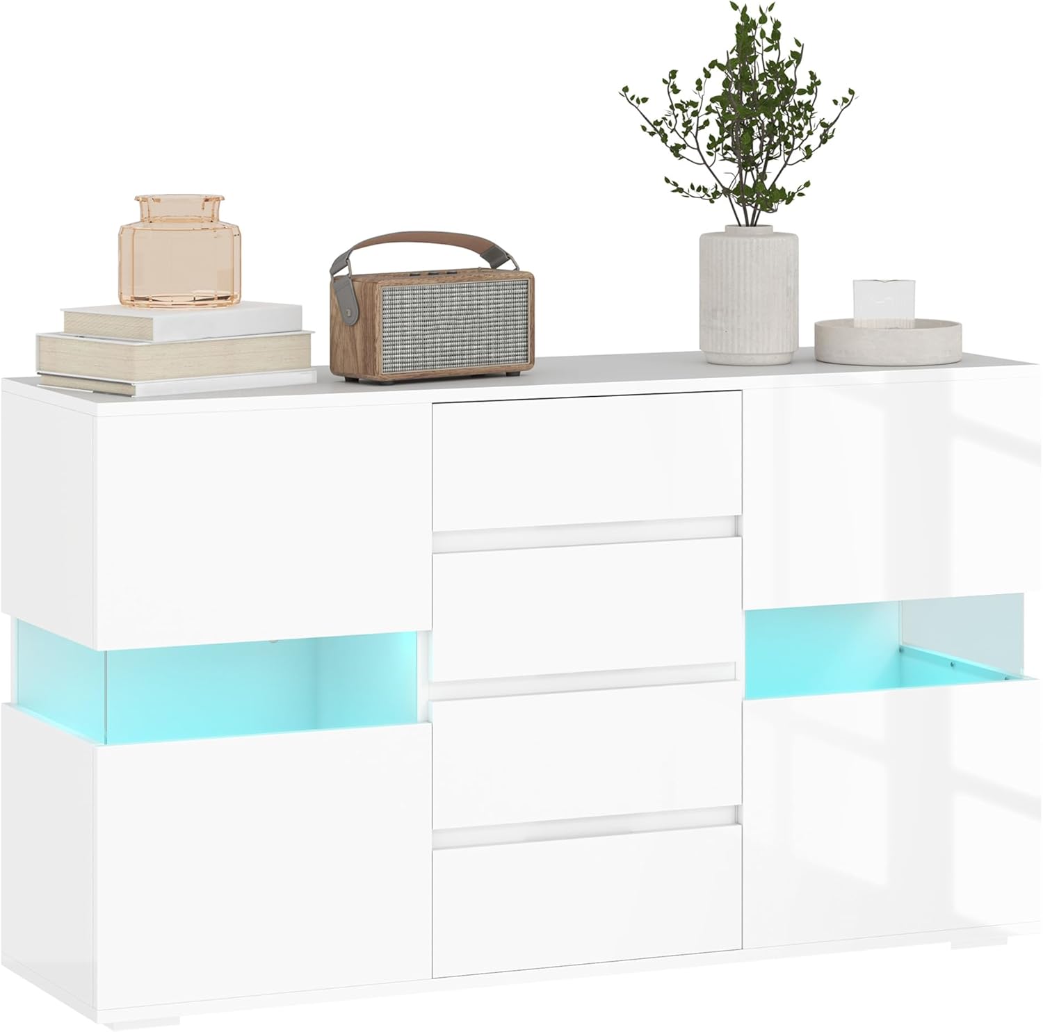 HOMCOM Credenza Moderna con Luce LED Regolabile con Telecomando, Mobile da Salotto con 4 Cassetti e 2 Armadietti, 120x34x70 cm, Bianco
