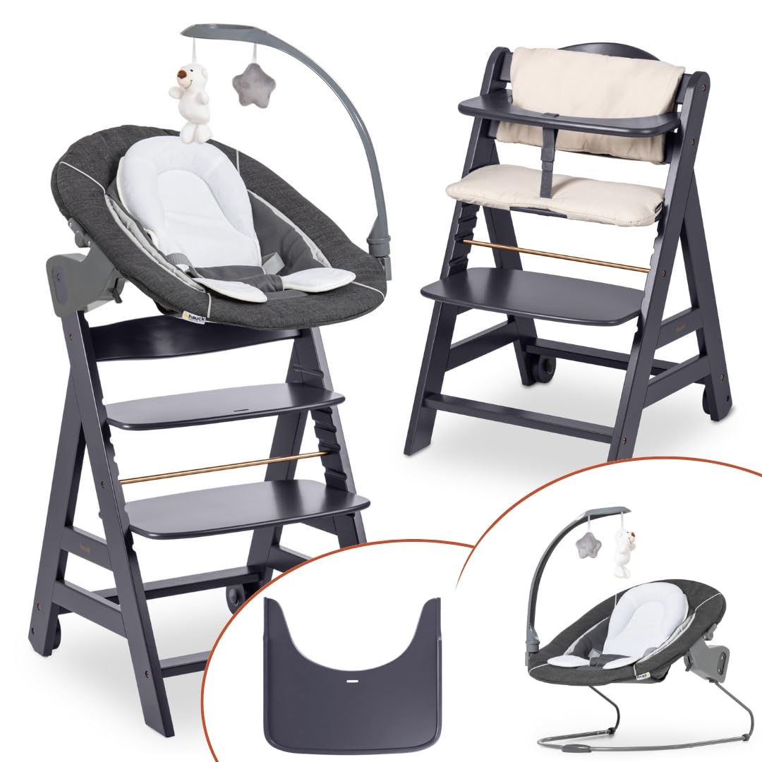 hauck Beta+ Hochstuhl Newborn Set mit Deluxe Bouncer Dark Grey Hochstuhl mit Neugeborenenset und Babywippe