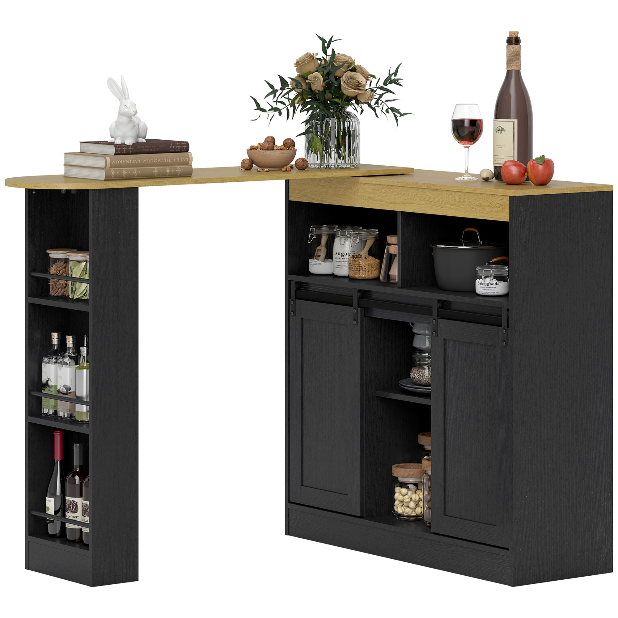 HOMCOM Ausziehbarer Bartisch, zu L-Form umwandelbar, viel Stauraum, 3 verstellbare Regale, Spanplatte, MDF, Schwarz