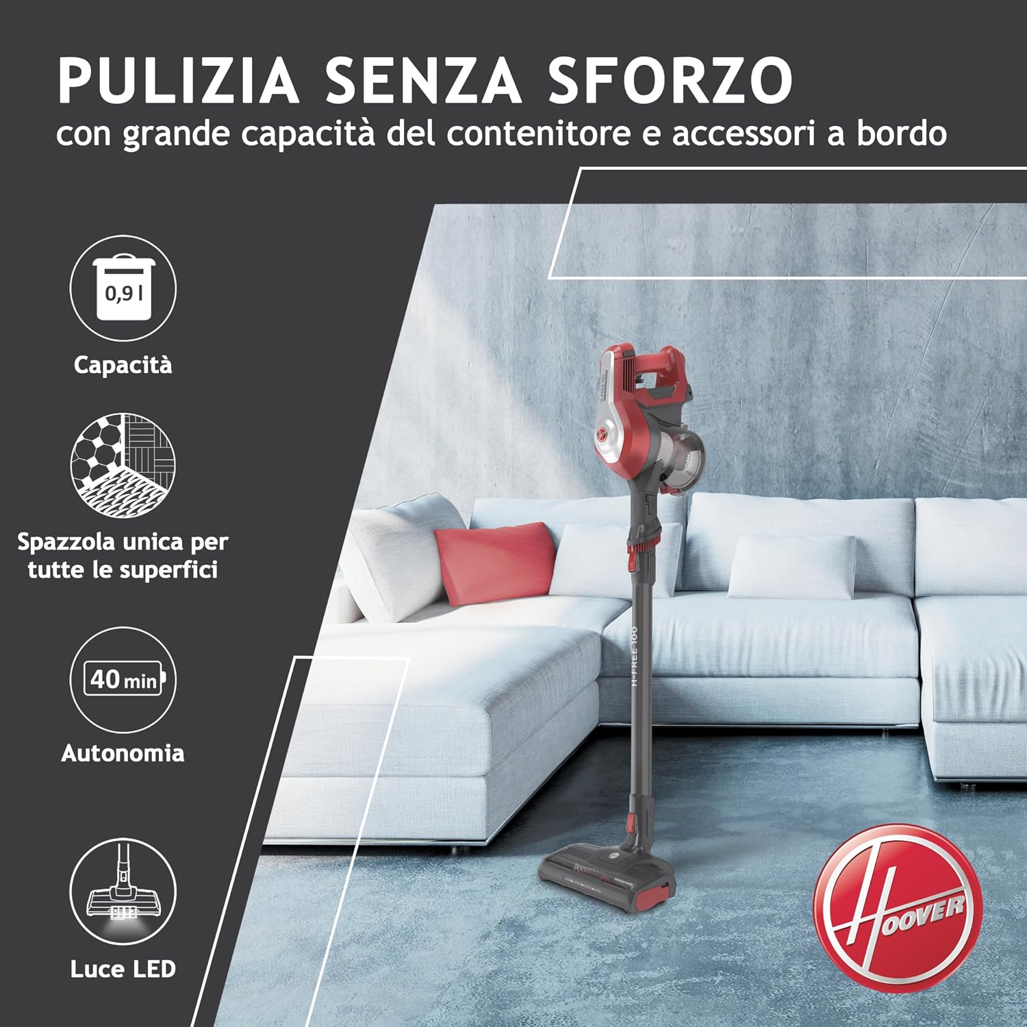 Hoover H-FREE 100 HF122RH 011 Scopa Elettrica Senza Fili, Senza Sacco, Ciclonico, Batteria 22V, Autonomia 40 Min, Grigio