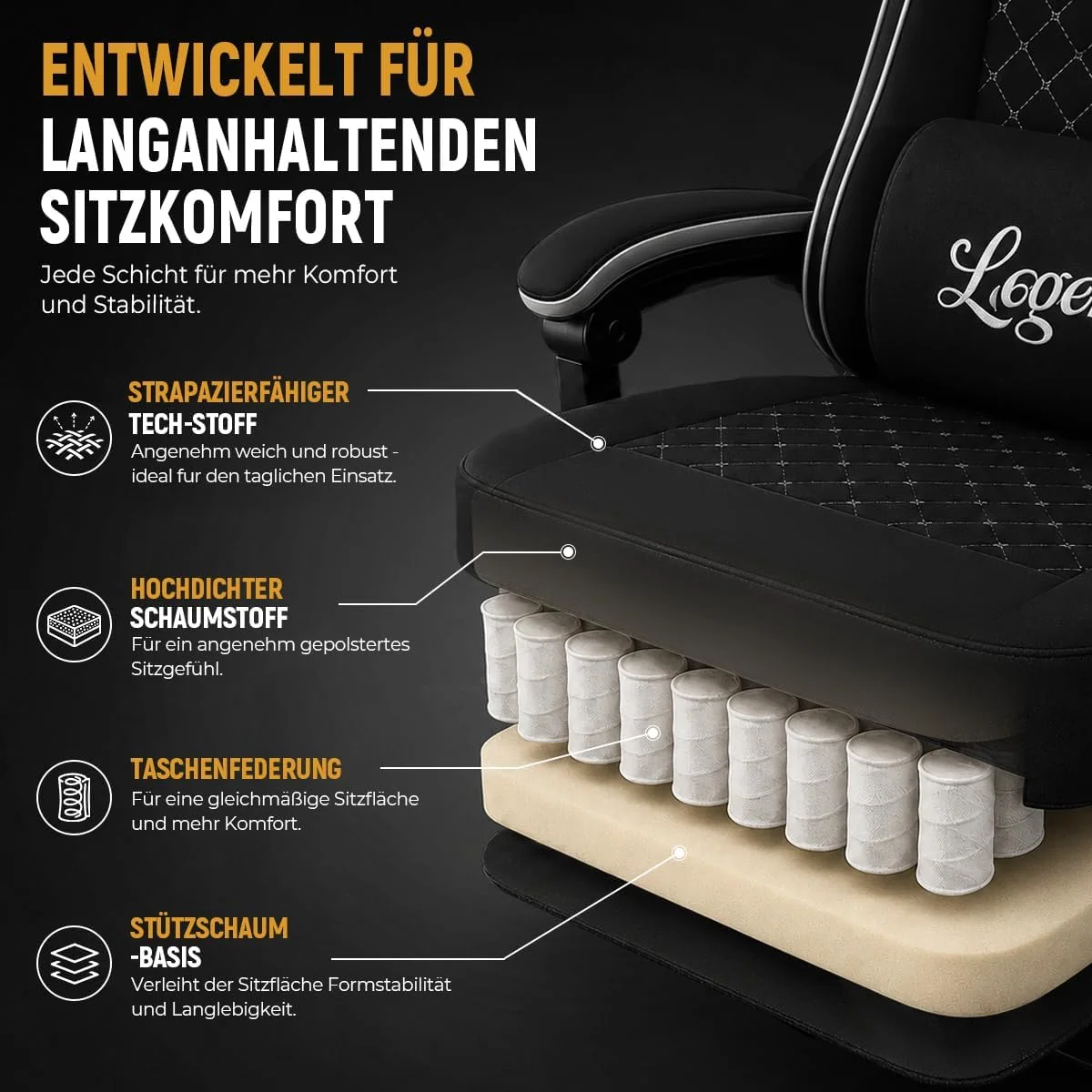 Gamingstuhl mit Taschenfeder-Sitzkissen, verstellbarer Rückenlehne und Fußstütze