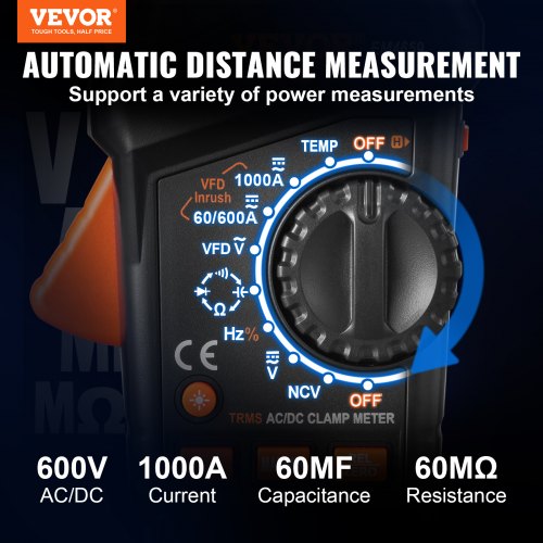 VEVOR Stromzange 1000A True-RMS Zangenmultimeter 5999Counts Zangenmessgerät Für Gleich-/Wechselstrom Gleich-/Wechselspannung Frequenz Widerstand Diodentest Ein-/Ausschalttest Kapazitäts-/Relativwert