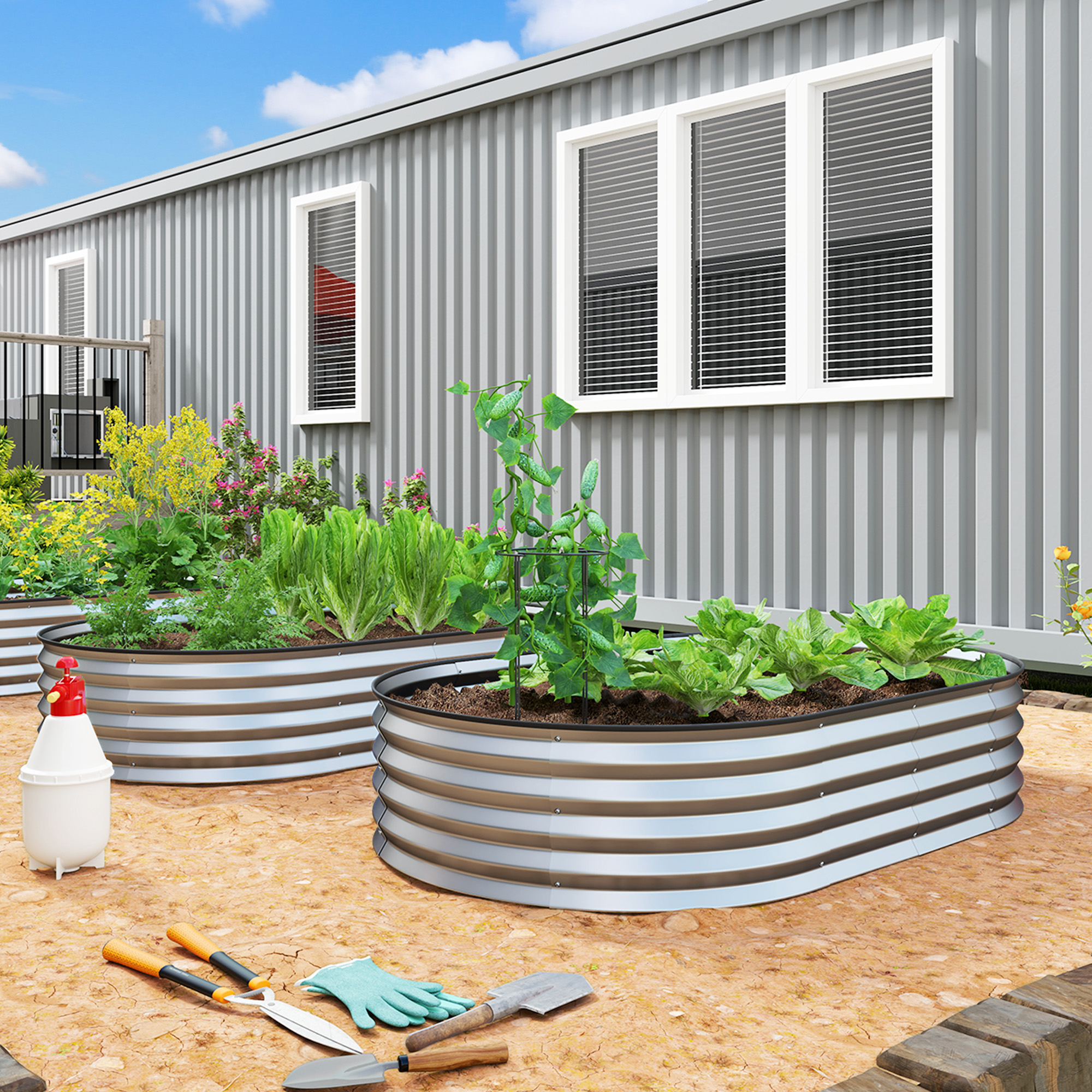 Outsunny Set aus 2 erhöhten, verzinkten Stahl-Pflanzkästen, Gartenbett-Kit, Gummiumrandung, 152 x 91 x 30 cm, Silber