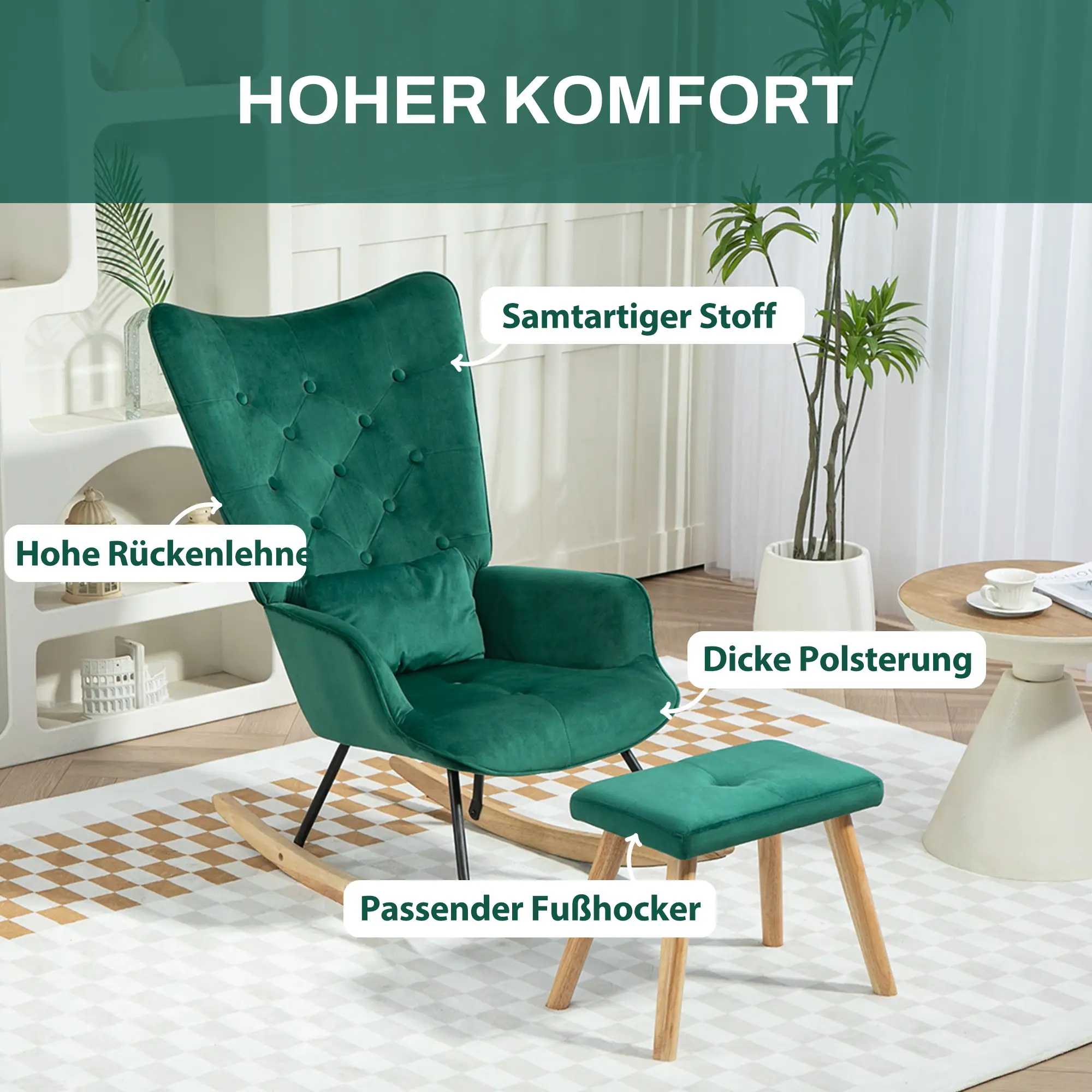 HOMCOM Relaxsessel mit Hocker Schaukelstuhl Set Samt grün