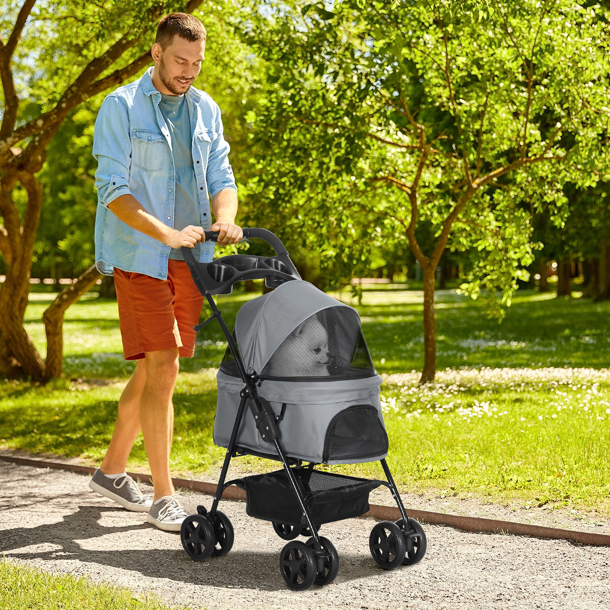 PawHut Hundebuggy Hundewagen bis 4 kg Klappbar Netzfenster Bodenkorb Becherhalter abnehmbares Dach grau 67 x 45 x 96 cm