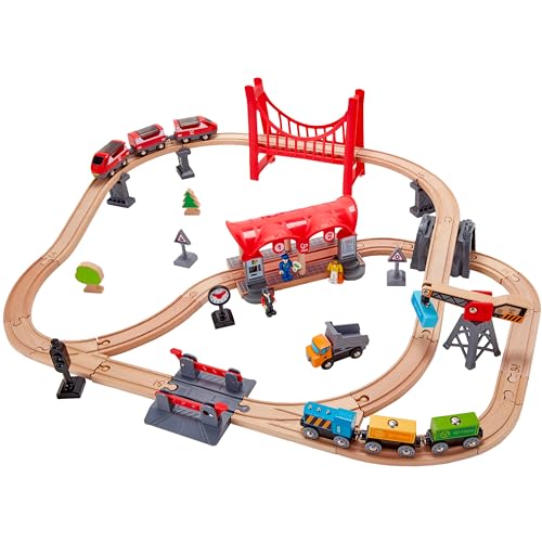 Hape Pista Città Trafficata   Oltre 50 pezzi con trenini a spinta, personaggi, gru e passaggio a livello compatibile per gioco ferroviario dai 3 anni in su : Giochi e giocattoli