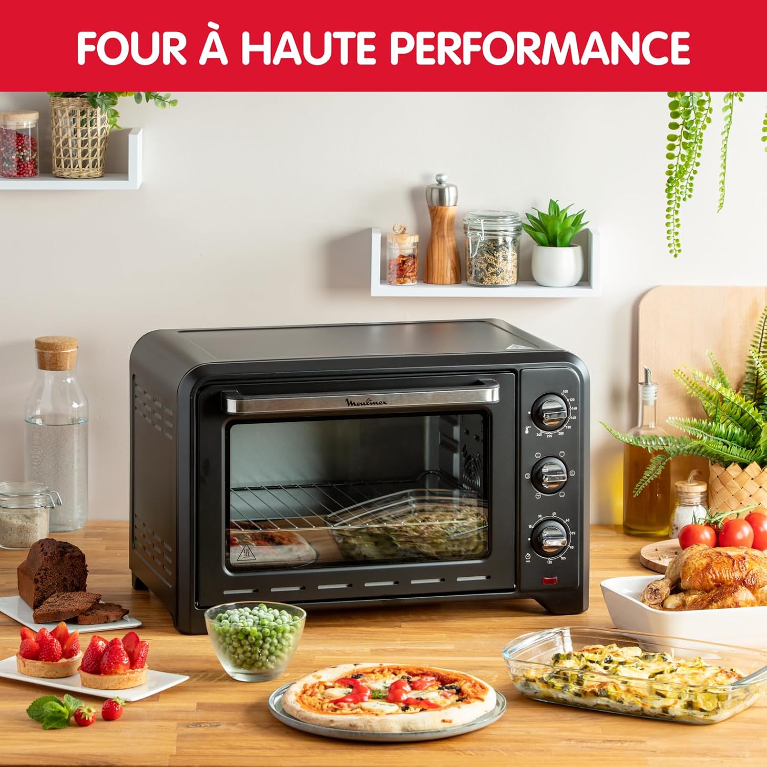 Moulinex Forno posabile 33 L, Calore girevole, Convezione avanzata, 6 modalità di cottura, Termostato regolabile fino a 240 °C, Timer 120 min, Griglia reversibile, Presine in silicone, Optimo Nero