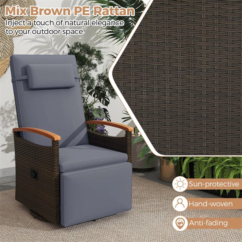Outdoor Rattan 360° Swivel Recliner Chair, Patio Wicker Chaise Lounge Chair with Adjustable Backrest & Footrest, Flip Side Table & Cushions