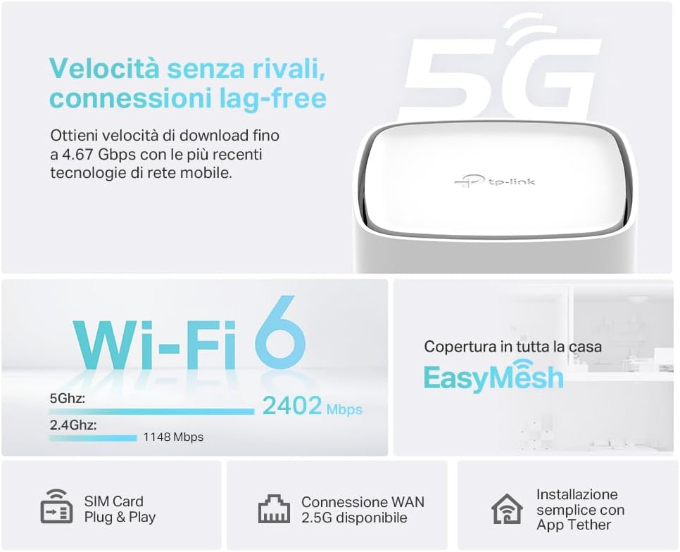 TP-Link Archer NX600 Router 5G Wi-Fi 6 AX3600Mbps Dual Band, Porta WAN/LAN 2.5G+2×Porte Gigabit LAN, Plug & Play, 4K-QAM, 8×5G/LTE, 2×Wi-Fi Antenne Interne, EasyMesh, HomeShield