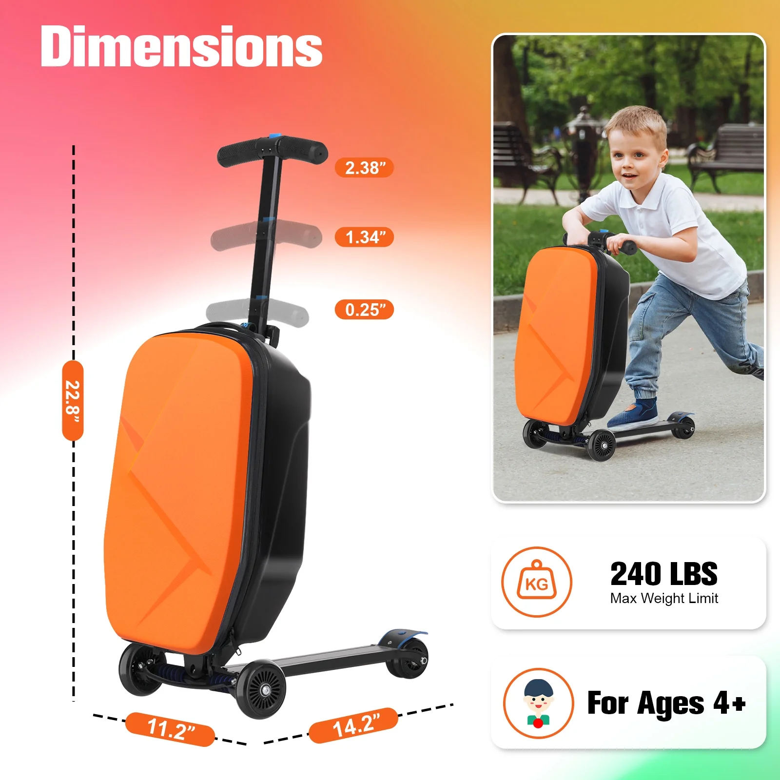 Advwin Scooter Luggage for Kids & Adults, Hardside Ride on Suitcase for Kids Ages 4-15 Multifunctional Lightweight Foldable Carry on Luggage with Wheels Ride on for Children Teenagers, Pink