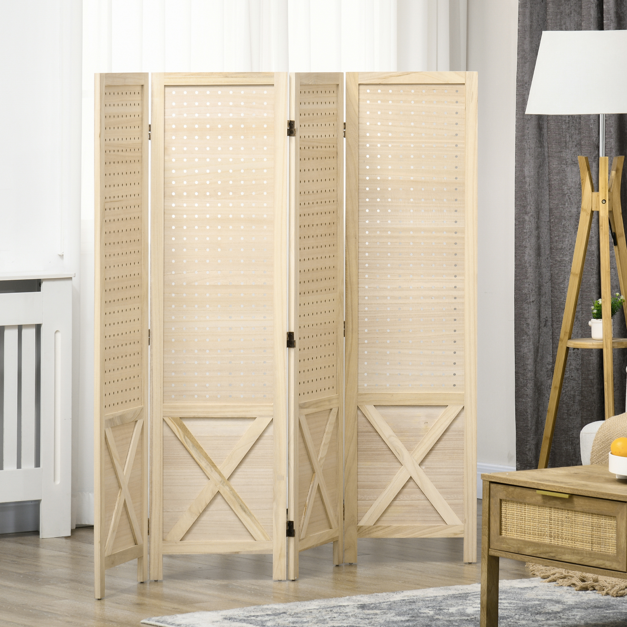 HOMCOM Innen-Paravent aus Holz, 4 Paneele, faltbarer Raumteiler, perforiertes Panel 152 x 1,7 x 144,5 cm Naturholz