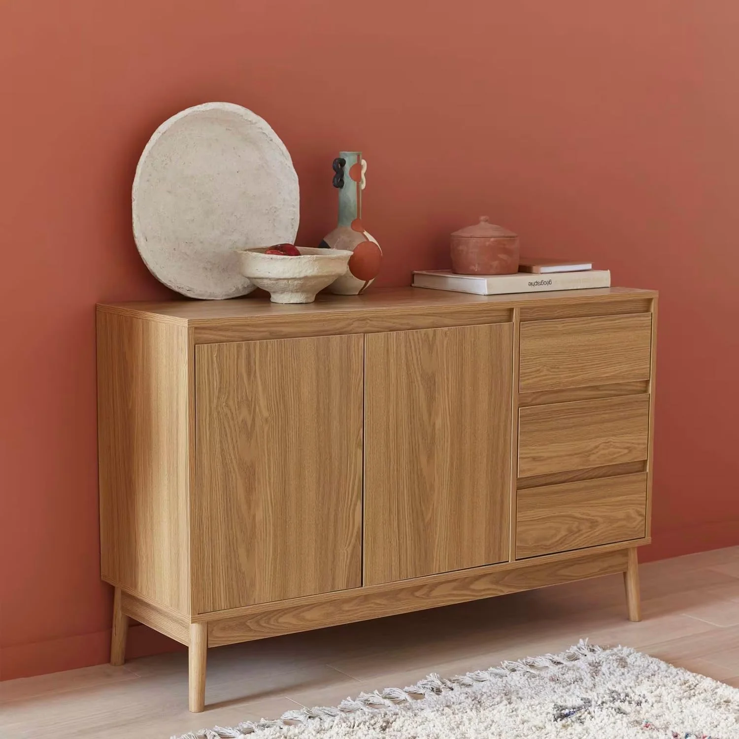Credenza A 3 Cassetti Effetto Rovere Naturale 39x76x120cm