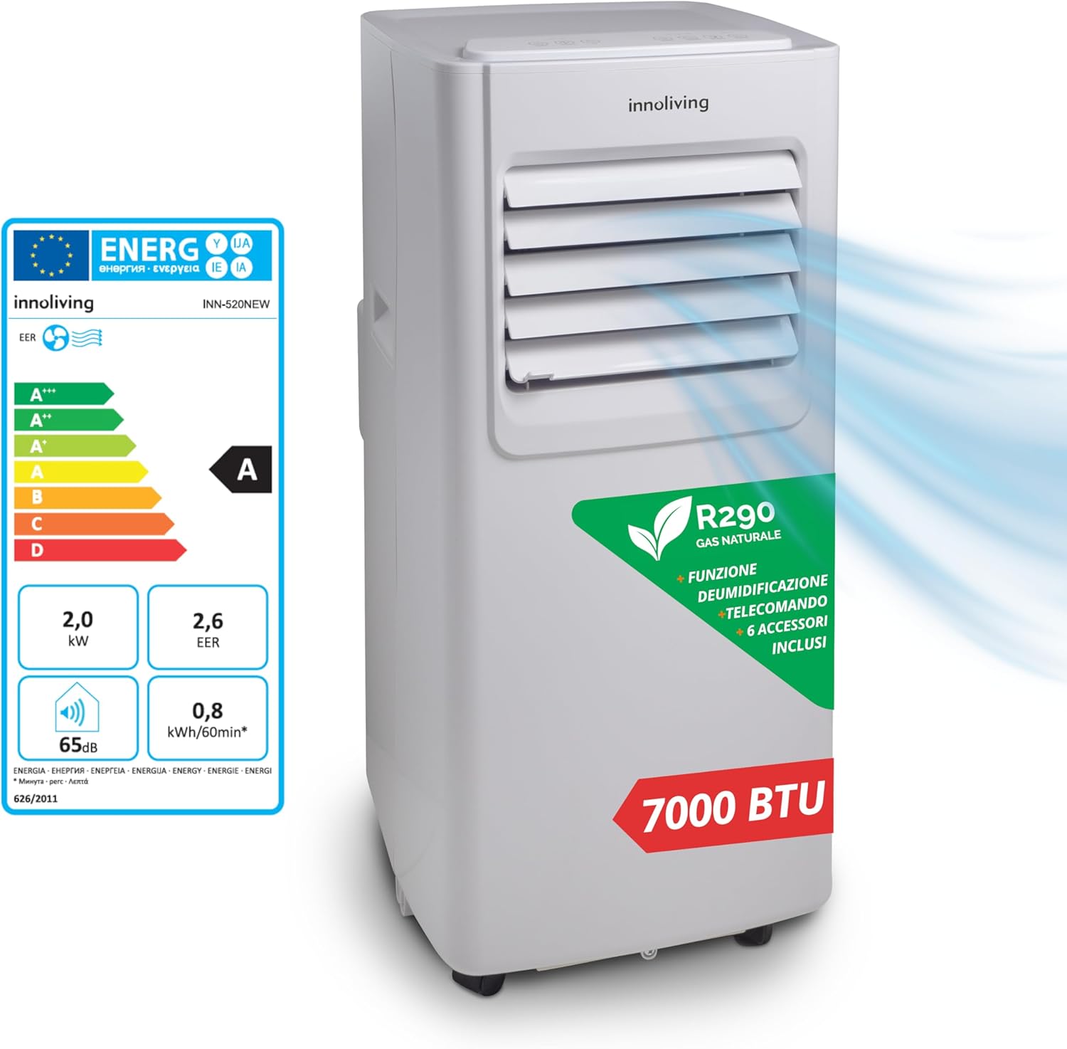 Innoliving Condizionatore Portatile 7000/9000 / 12000BTU, 3 Funzioni Raffreddamento, Ventilazione, Deumidificazione, Timer 24h, Telecomando, Display LED, Gas Naturale R290, Fino a 30mq (7000 BTU)