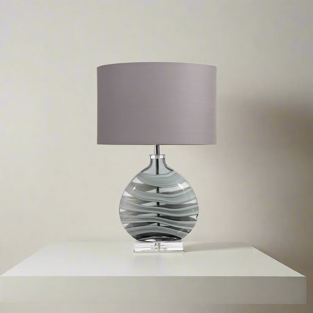 Art Glass Black Table Lamp with Grey Oval Shade