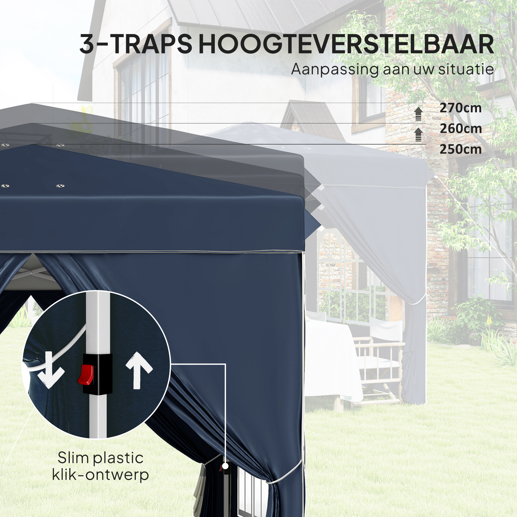 Outsunny 2,5 x 2,5 m Pop-up Paviljoen met Zijwanden en Draagtas, UPF50+ Hoogteverstelbaar Tuinpaviljoen, Donkerblauw