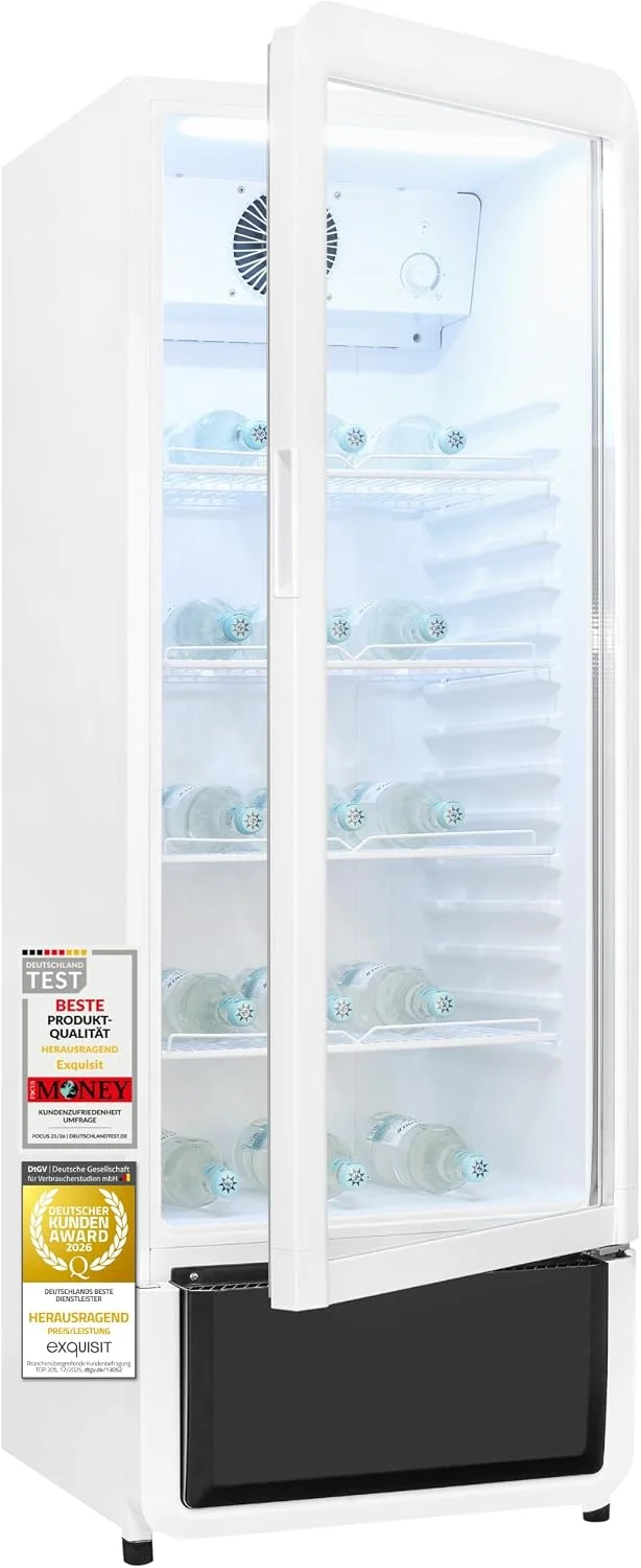 Exquisit Getränkekühlschrank, 240 l, Weiß, Glastürkühlschrank mit LED & Umluft