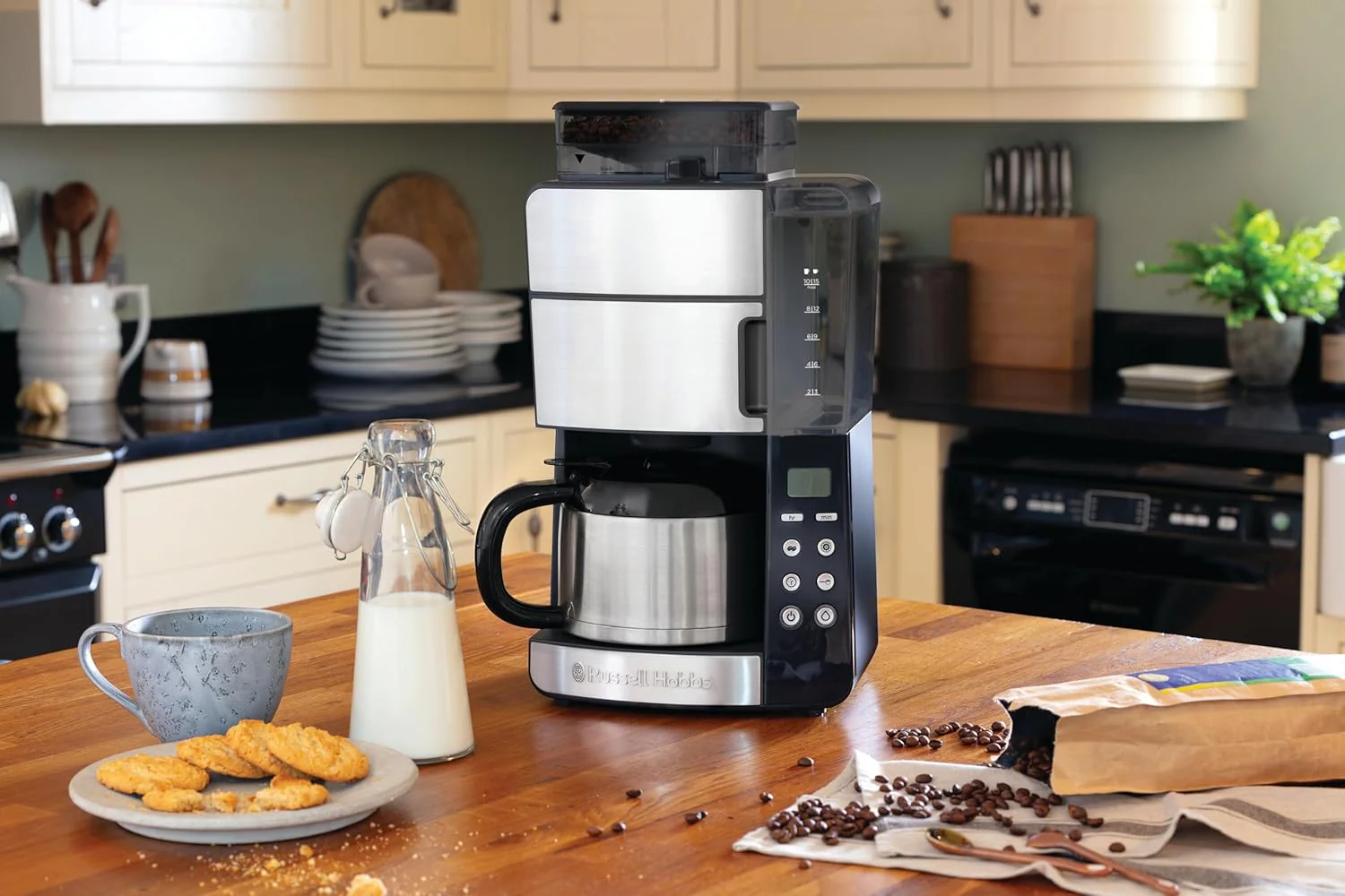 Russell Hobbs Kaffeemaschine mit Mahlwerk Thermokanne [Digitaler Timer, Brausekopf f��r opt. Extraktion & Aroma] Grind&Brew (max 10 Tassen, 3-stufige Mahlgradeinstellung) Filterkaffeemaschine 25620-56