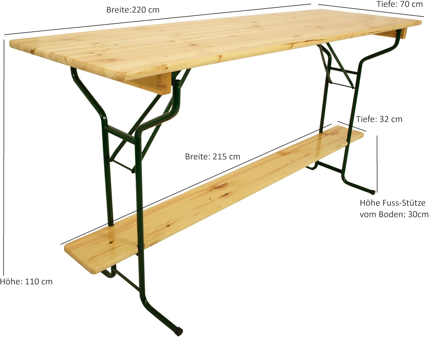 DEGAMO Stehtisch Bartisch Bamberg 70 x 220cm, Gestell Stahlrohr dunkelgrün, Tischplatte Kiefernholz transparent beschichtet, klappbar, Höhe 110cm