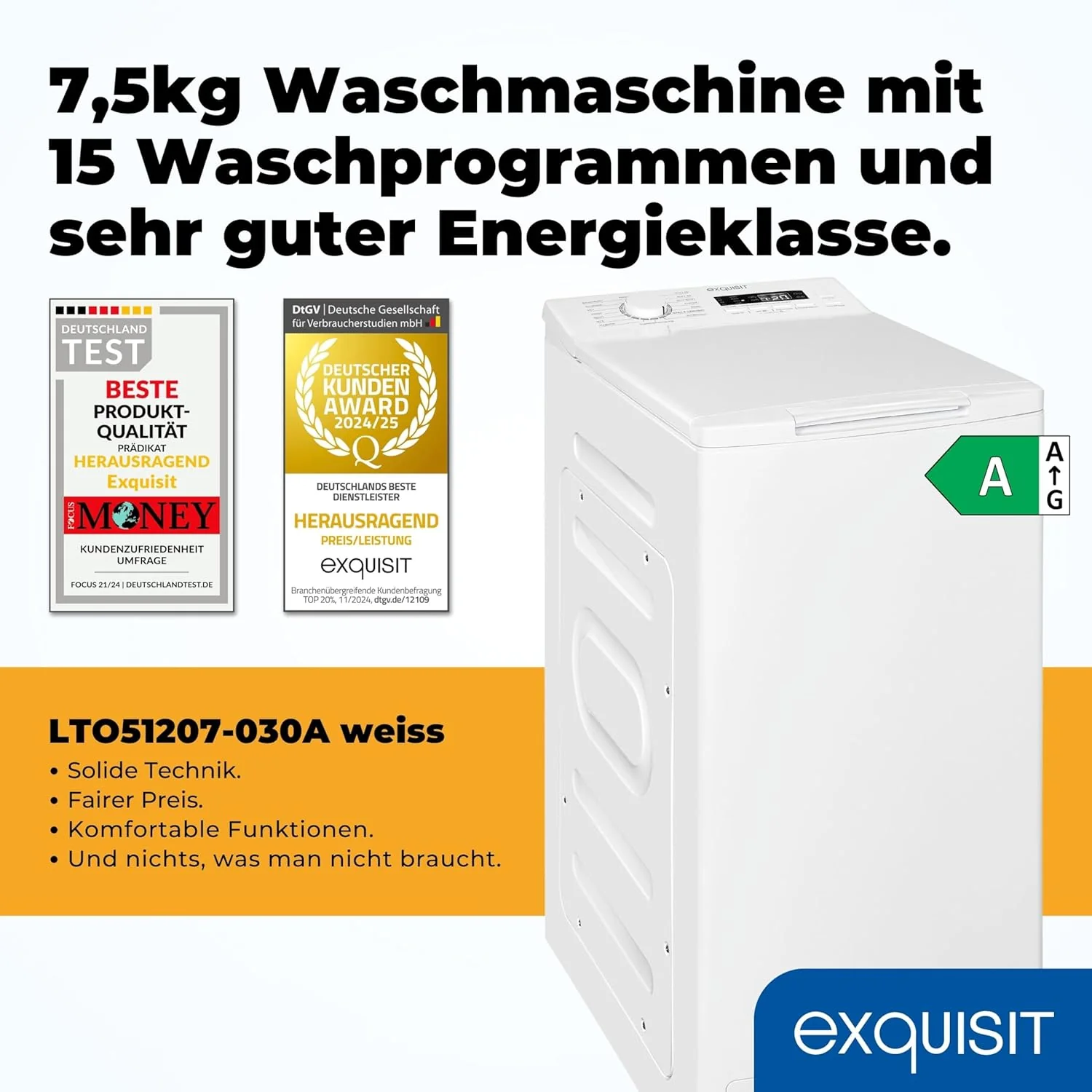 Exquisit bovenlader wasmachine, 7,5kg vulgewicht, smalle wasmachine, energieklasse A, 1200 tpm, startuitstel, kort programma, LTO51207-030A wit