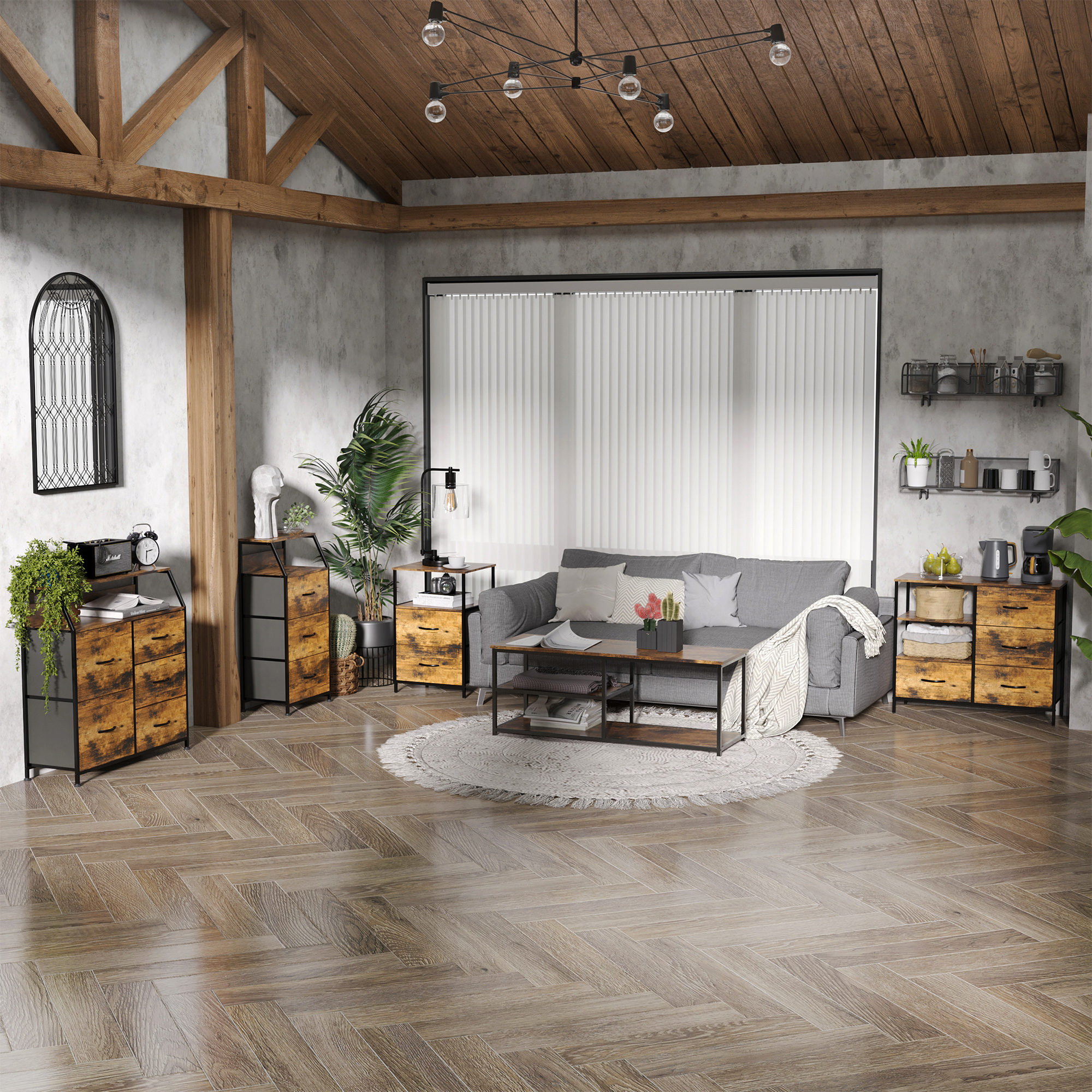 HOMCOM Aufbewahrungskommode, Industrielle Stil Kommode mit 4 klappbaren Schubladen und 2 offenen Regalen aus Stahl und Holz - 84 x 30 x 71,5 cm
