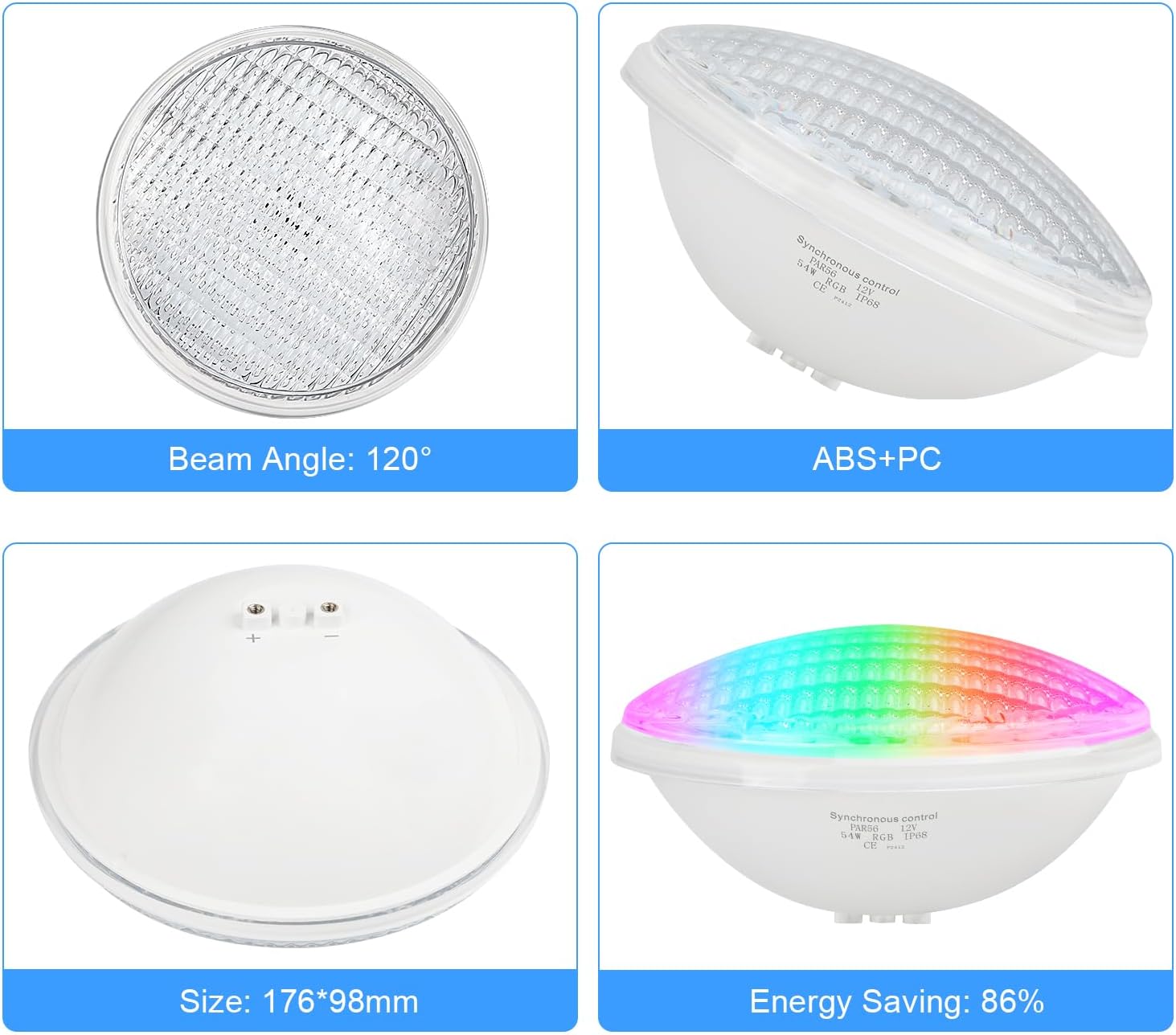 KWODE 54W LED Poolbeleuchtung PAR56, 12V RGB Timing 2/4/6H Schwimmbadbeleuchtung, Externe Synchronisation mit Fernbedienung, IP68 Wasserdichter Pool Lampe Licht mit Fernbedienung (2 Stück)