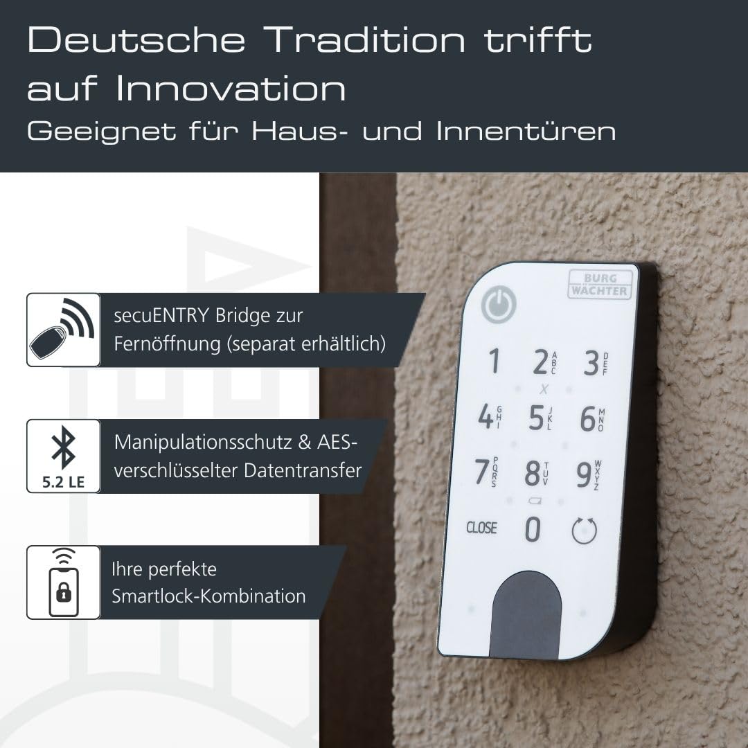 Elektronisches Türschloss secuENTRY ENTRY Home 2.0 mit Keypad Zahlencode App Funköffnung Zylinder für Türen bis 118 mm IP53