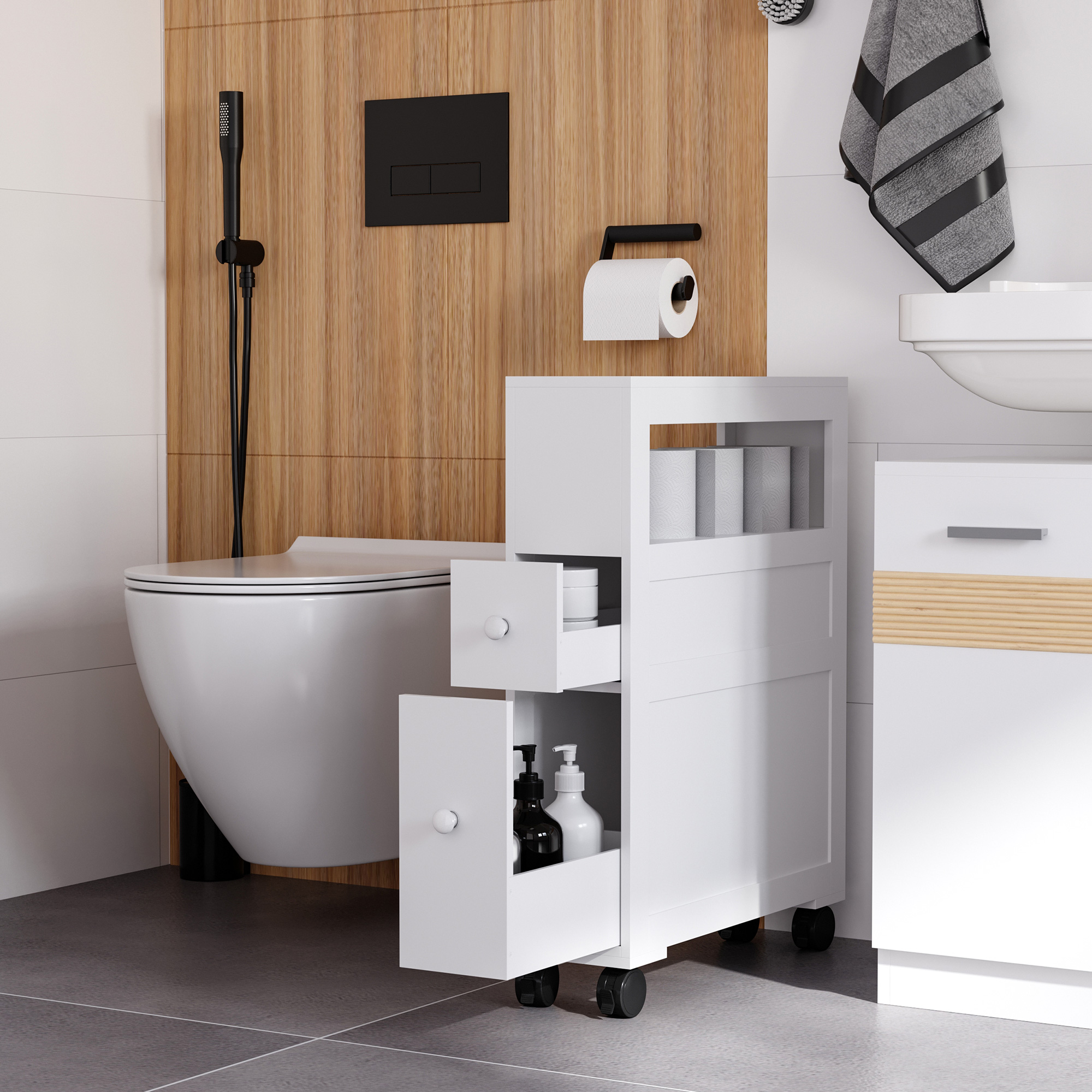 HOMCOM Badezimmerspeichermöbel auf Rollen WC Schrank offenes Regal 2 Schubladen 16 x 52 x 71,5 cm weiß