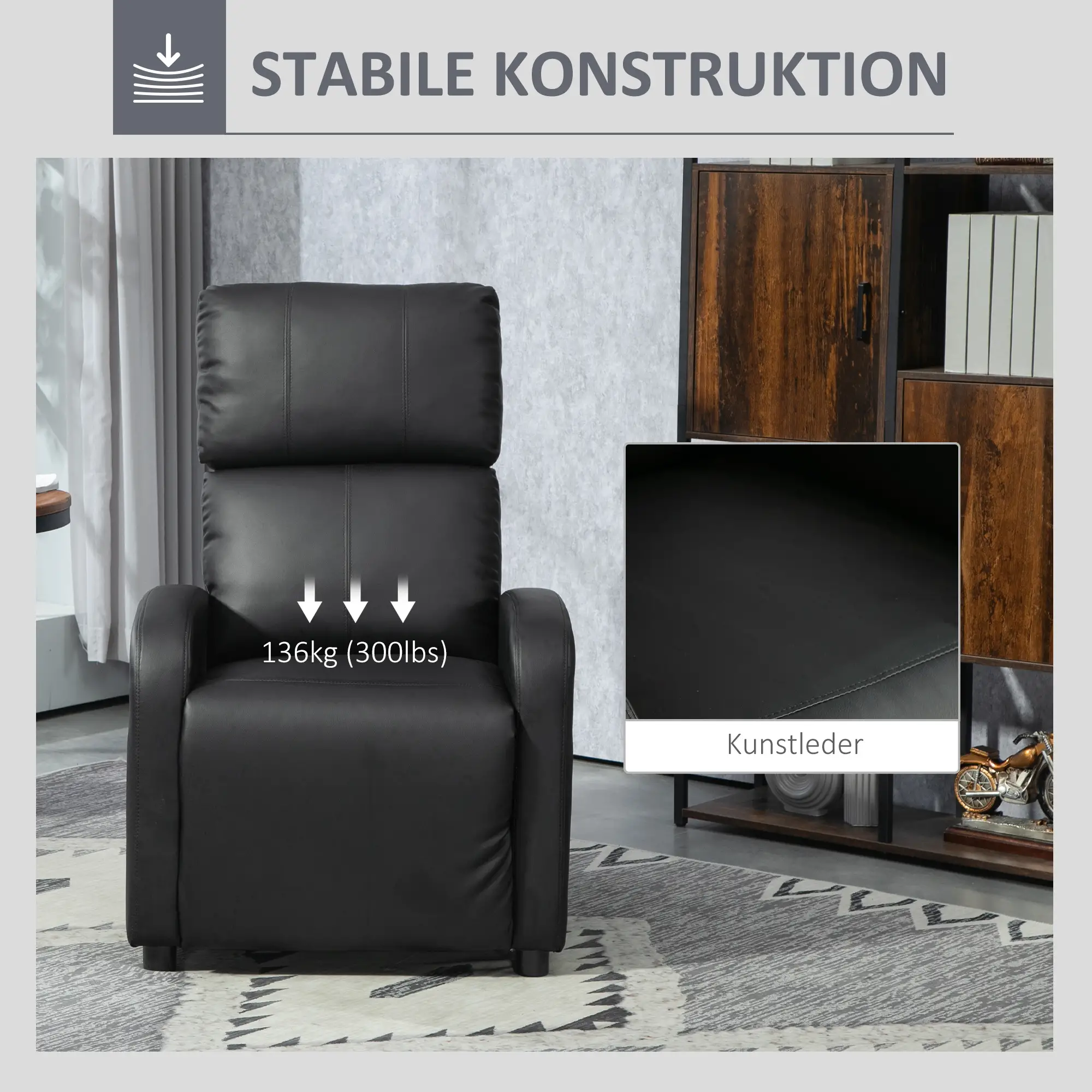HOMCOM Relaxfauteuil, tv-stoel met ligfunctie, dik gestoffeerd