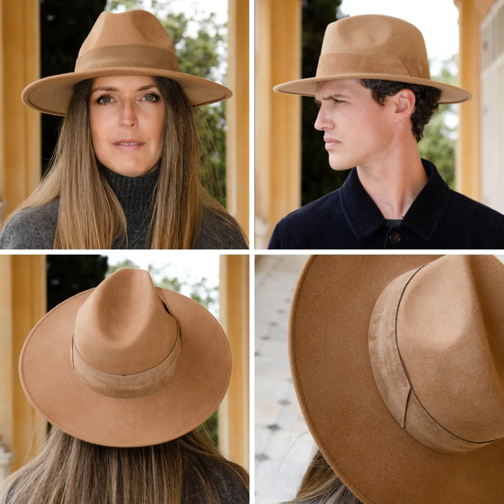 Camel Wool Wide Brim Hat with Large Suede Leather Band �C Stylish & Durable