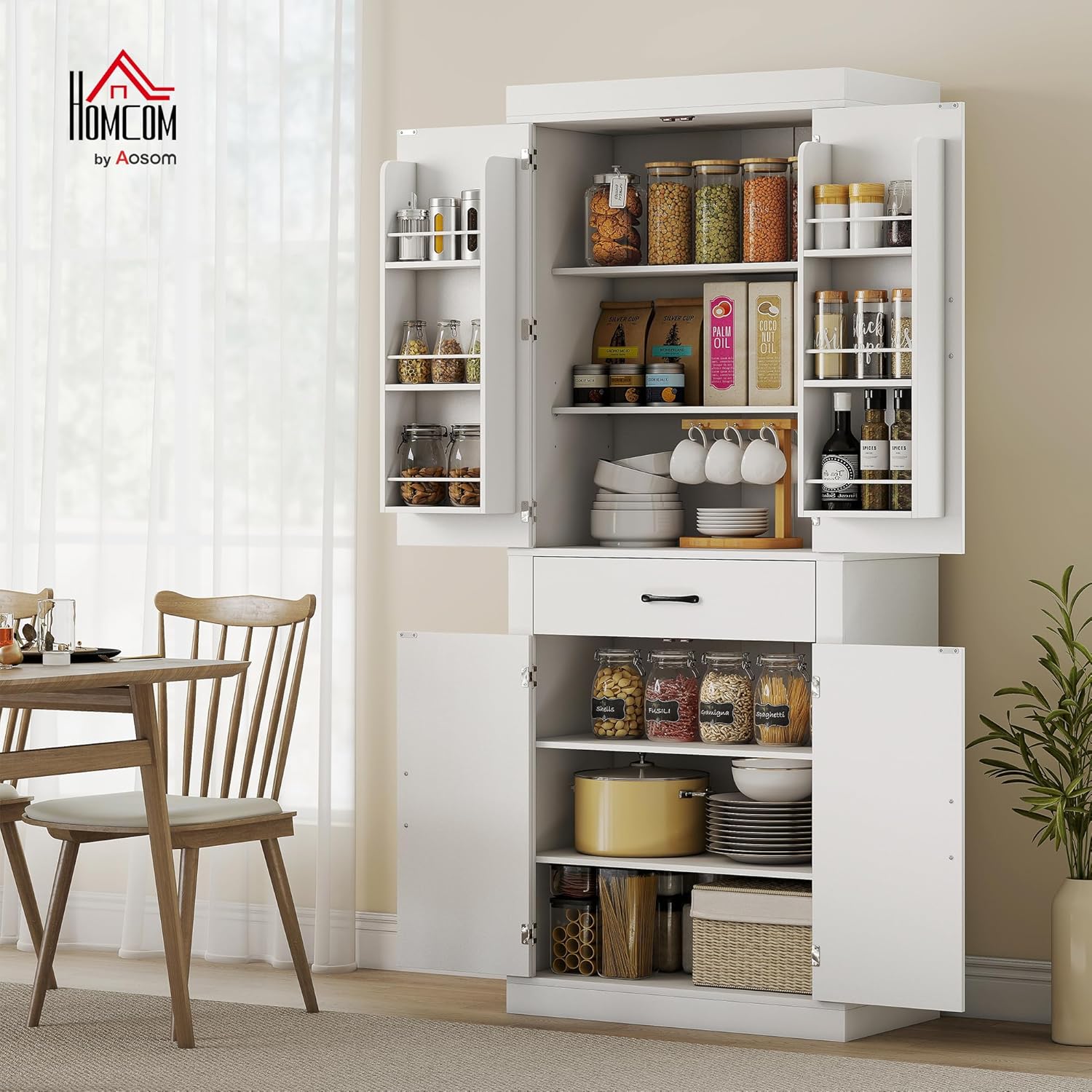 HOMCOM Credenza Cucina Alta 183.5 cm, Mobile Cucina con 6 Portaspezie sulla Porta, 4 Ante a Fienile e Cassetto, Mobile Dispensa Rustico con Ripiani Regolabili, per Sala da Pranzo, Soggiorno, Bianco