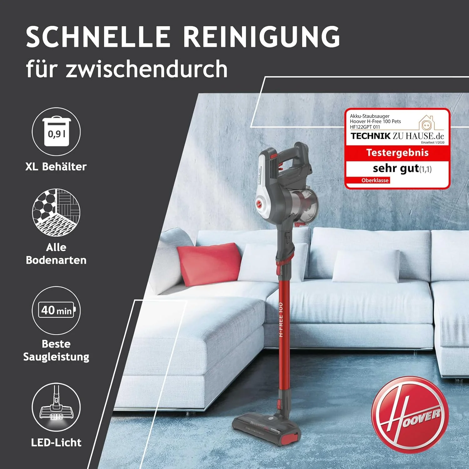 Hoover Accustofzuiger Dierenharen H-FREE 100 PETS zonder zak + dierenmondstuk I tot 40 min. gebruiksduur I snoerloze stofzuiger met LED, XL stofreservoir & parkeerstand I accustofzuiger met kierenzuiger & stofborstel