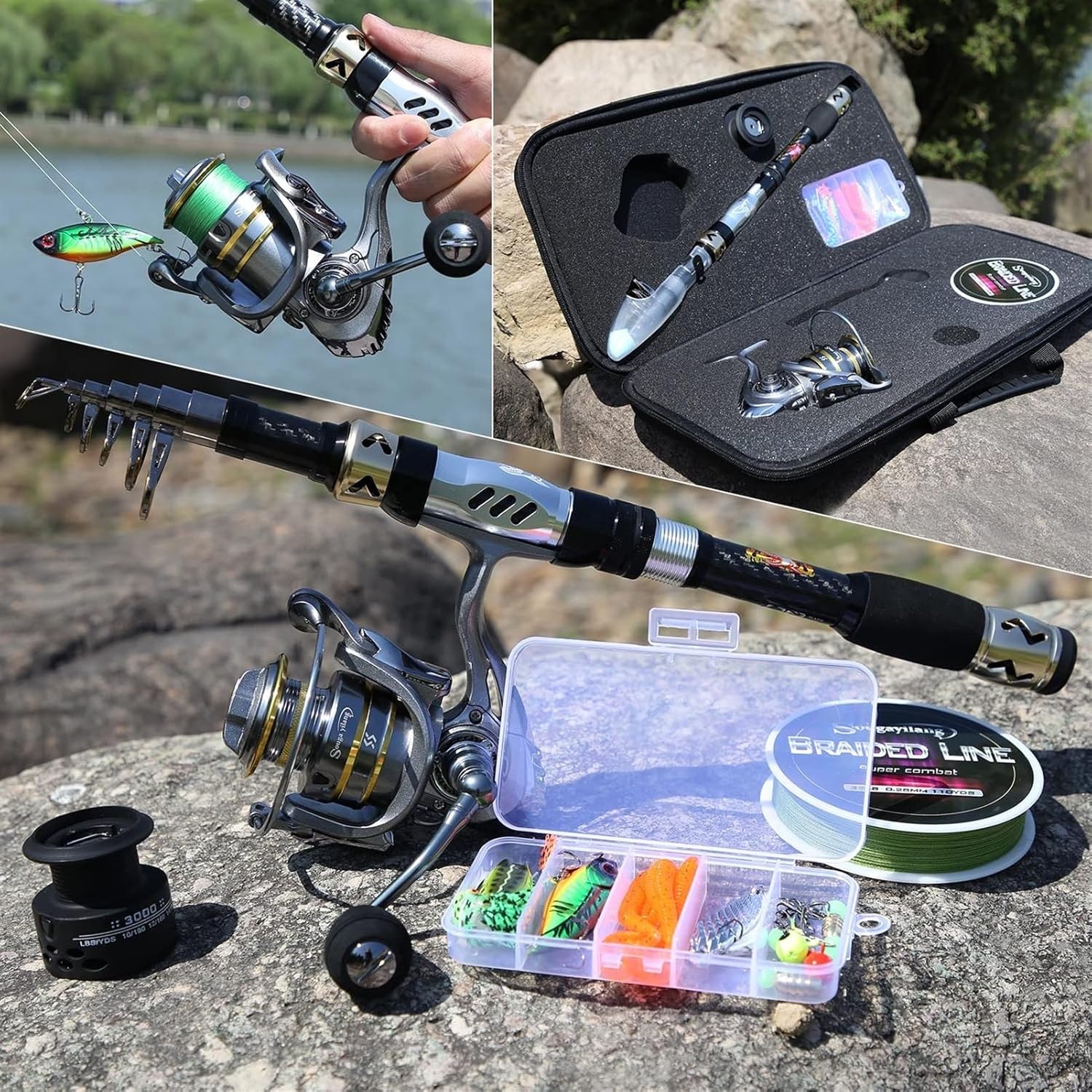 Panfish Rod Angelrute und Rolle Combos, Kohlefaser, Teleskop-Angelrute, Spinnrolle 13 + 1 BB mit Koffer-Angelset, Baitcast-Rute