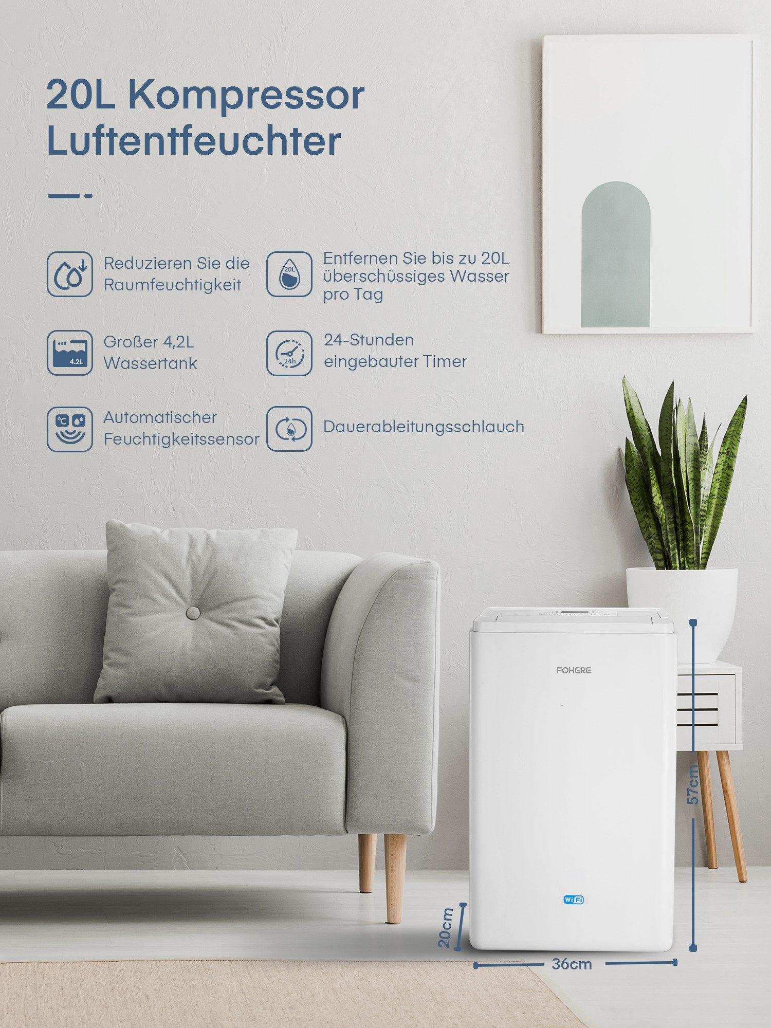 Luftentfeuchter mit App & WLAN, 20 L/24H Smart Luftentfeuchter Elektrisch