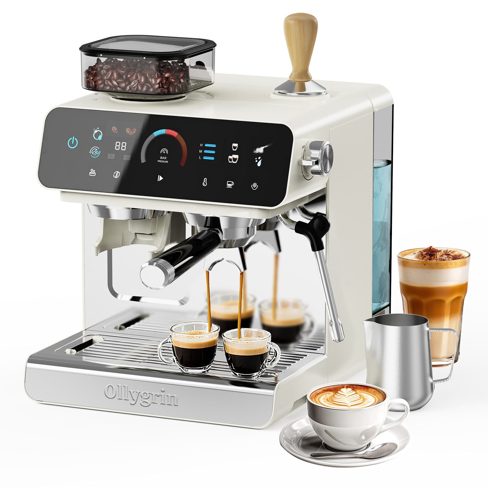 Espressomaschine mit Mahlwerk, 20-Bar-Profi-Espressomaschine mit 19 Mahlgraden