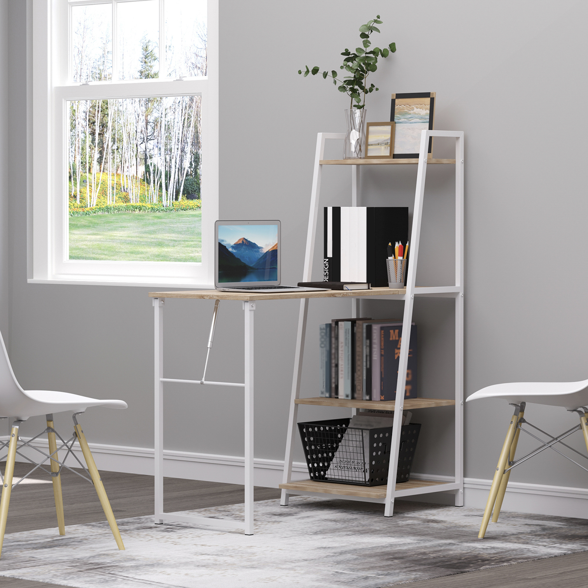 HOMCOM Schreibtisch klappbar mit 4 Tier Bücherregal, Computertisch, Bürotisch, E1 Spanplatte, Metallrahmen, Natur+Weiß, 106 x 48 x 128 cm