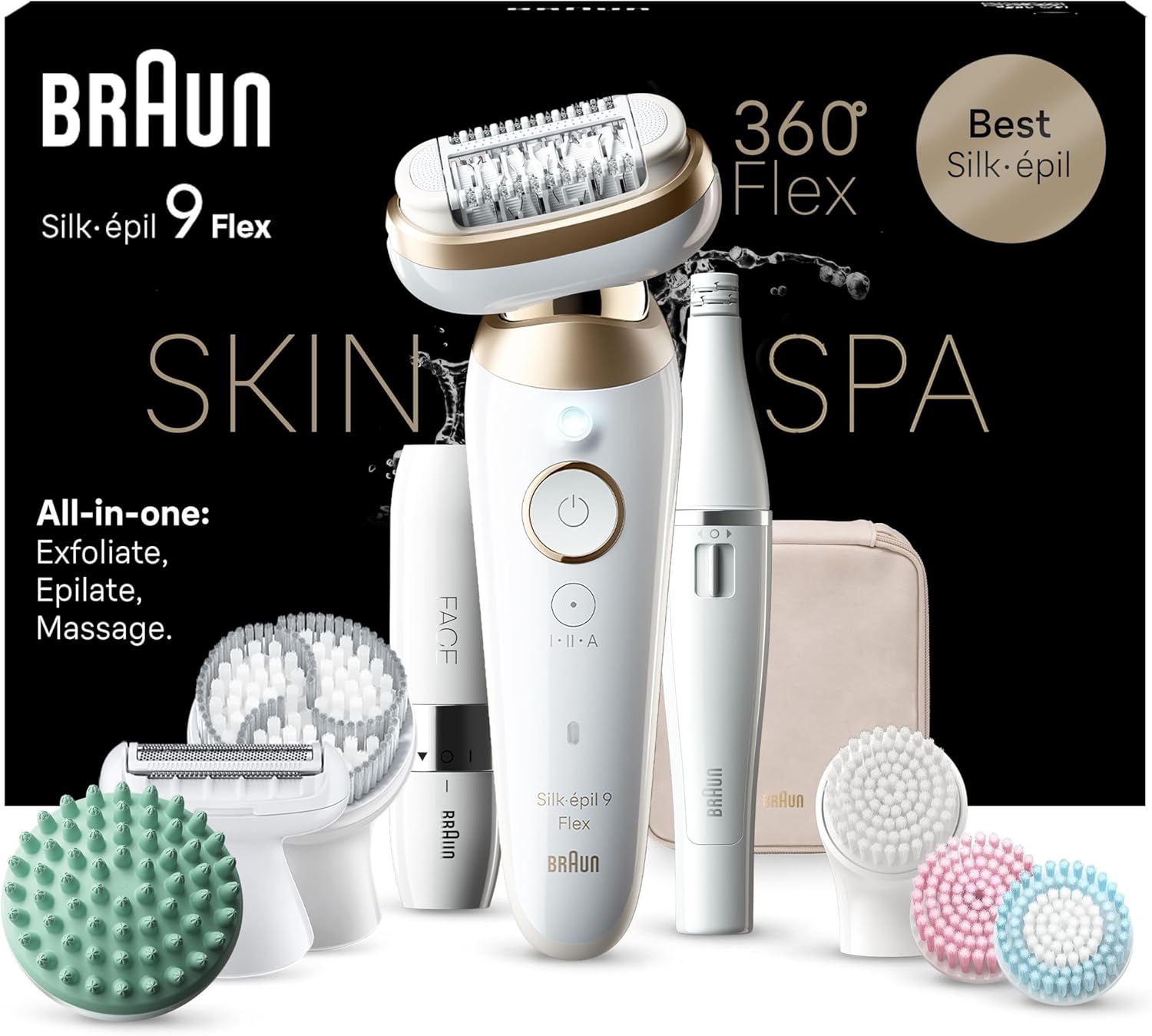 Braun Silk-épil 9 Flex SkinSpa Epilierer Damen, All-in-One Set, Haarentferner für Langanhaltende Haarentfernung, Ladyshaver, Facespa Gesichtshaarentferner, Made in Germany, 9-681 3D, Weiß/Gold