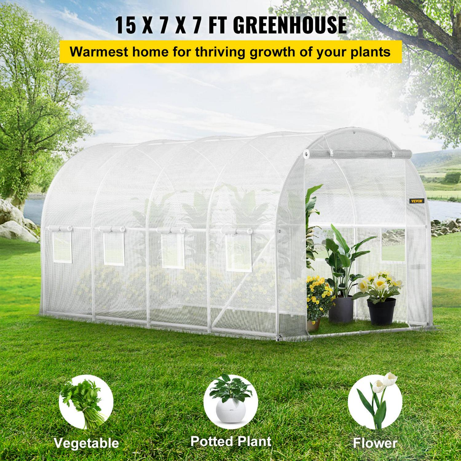 VEVORbrand 15x7x7 ft Walk in Tunnel Greenhouse, Portable Plant House, Galvanized Steel Frame, Zippered Door, 8 Roll up Windows, White