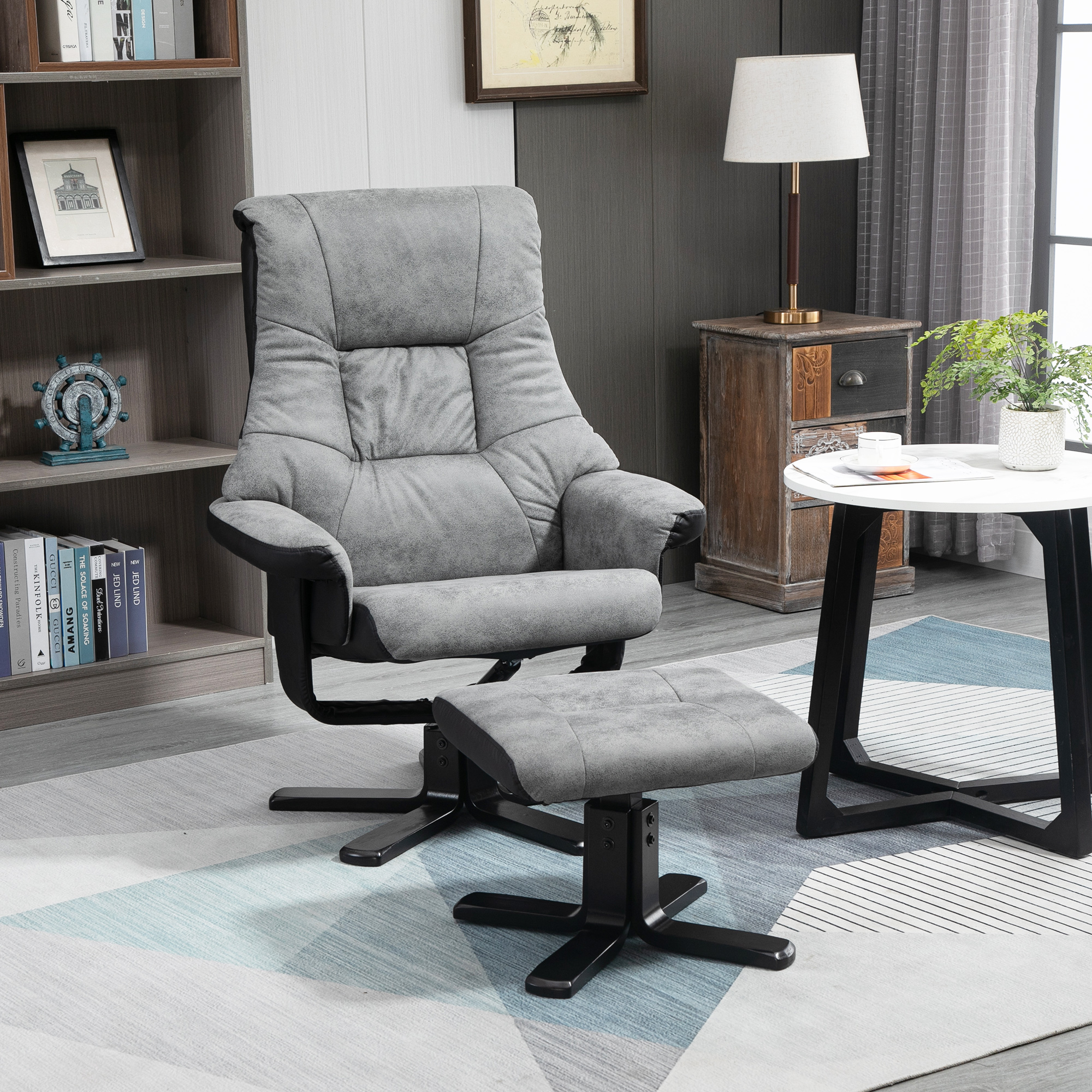 HOMCOM Relaxsessel mit Hocker, 360° drehbar, 135° neigbar, atmungsaktiver Bezug, 78 x 82,5 x 109 cm, grau