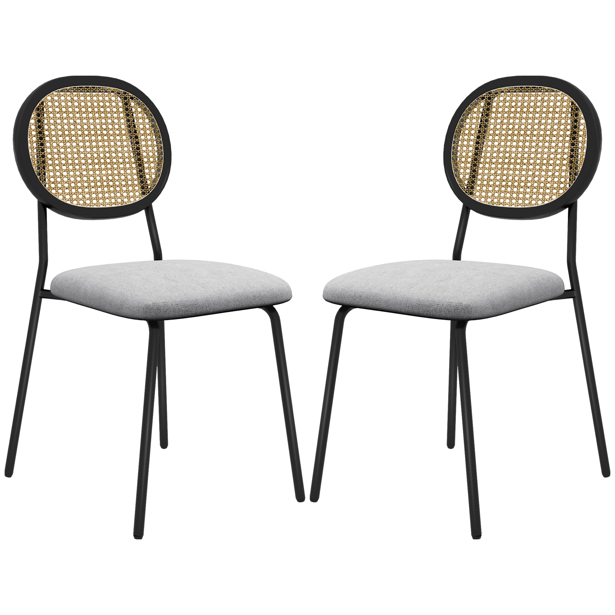 HOMCOM Set mit 2 Dining-Stühlen, Küchenstühle, Rattanrücken, atmungsaktiver Stoff, Stahlrahmen, 44 x 54 x 87 cm, Grau