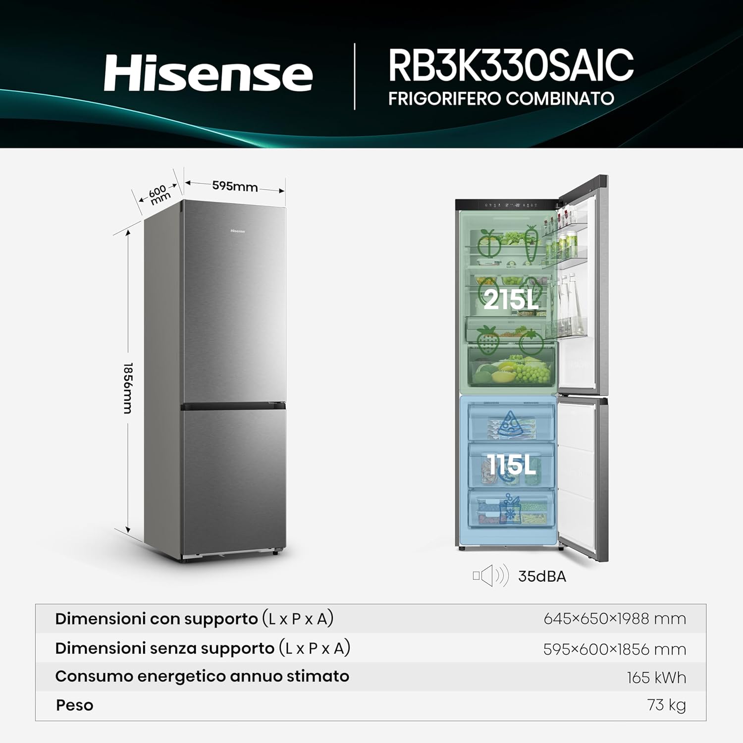 Hisense RB3K330SAIC - Frigorifero Combinato Total No Frost, Capacità di 330 Litri, Ridotta profondità, Deep Freeze, Metal Tech Cooling, WiFi, Silenzioso, Motore Inverter, Classe C, Inox