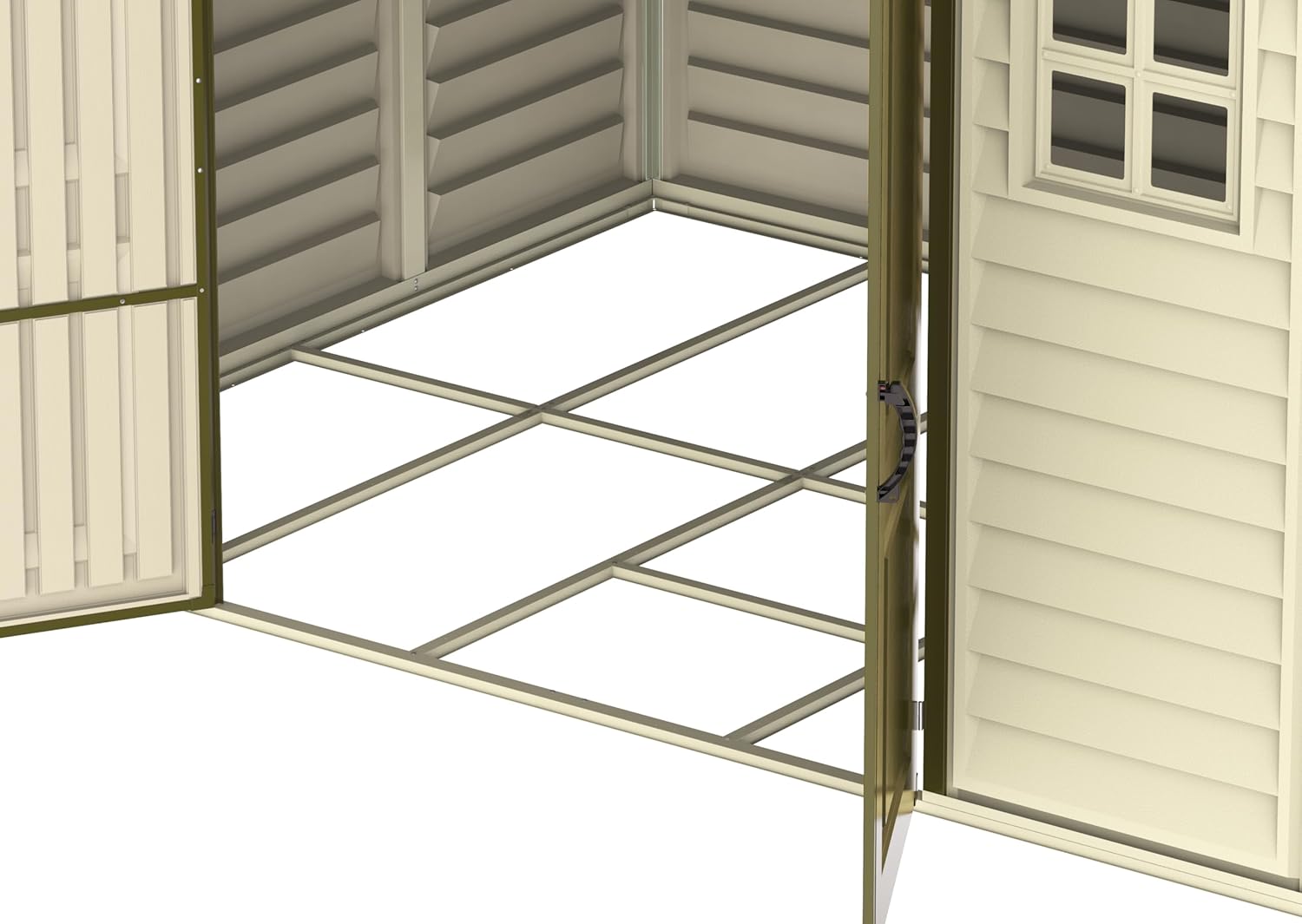 Duramax WoodSide 10 x 8 (7.64 m²) Kunststoff gerätehaus mit 3 festen Fenstern und Metallfundamentset, Gerätehaus, wartungsfreie und robuste und Dachstruktur aus Metall, Ivory/Brown