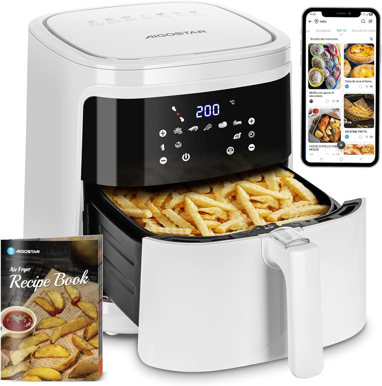 Aigostar Cube 30IBT XXL Air Fryer, 1900W, 7L Air Fryer, LED Touch Panel, 20- Recipes, Removable Non Stick Basket, Heat Retention, 7 Choices Already Programmed