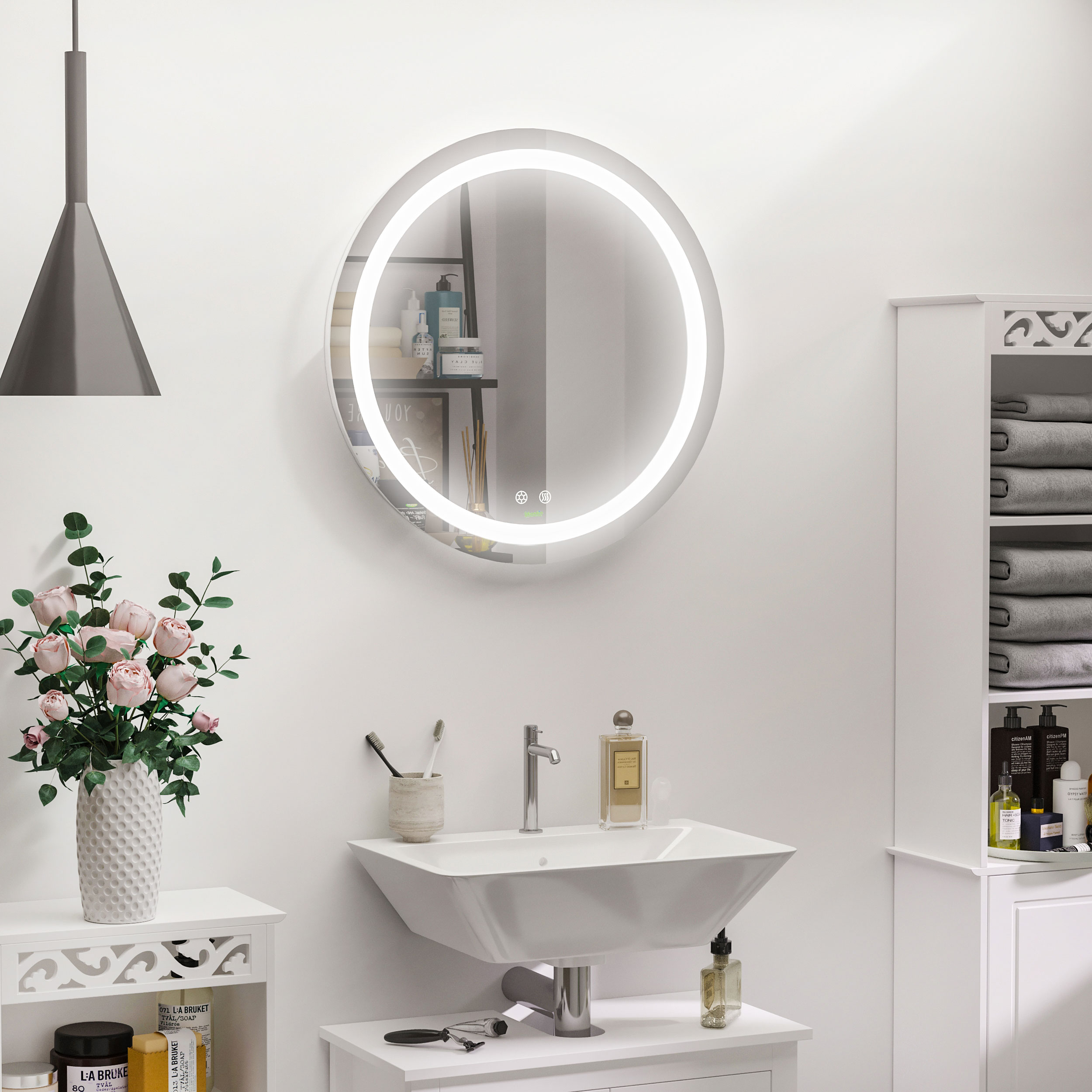 kleankin Runder LED Badezimmerspiegel Ø 60 cm Wandspiegel mit Beleuchtung Touchschalter Entfunktion Aluminium